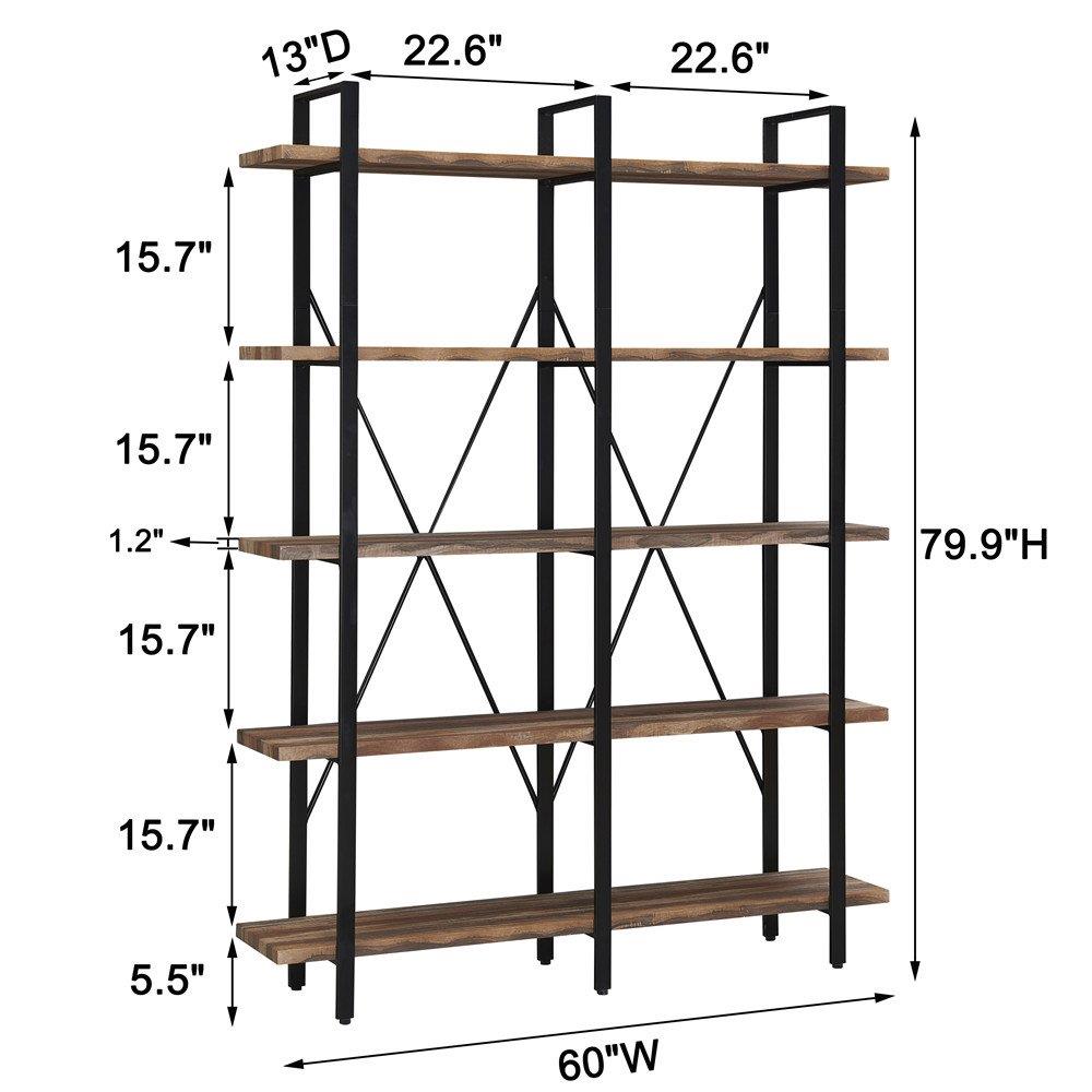 KINWELL Double Wide 5-Tier Open Bookcases Furniture, Vintage Industrial ...