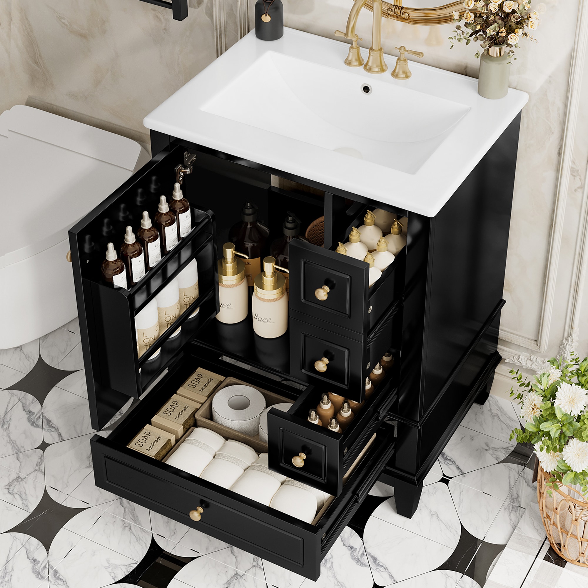 ModernLuxe L3P-N725P296567B 24inch Bathroom Vanity with Sink and Drawers Black Freestanding Vanity Cabinet with Ceramic Top and Storage Shelves MDF and Solid Wood Base Modern Sink Cabinet for Small Bathrooms