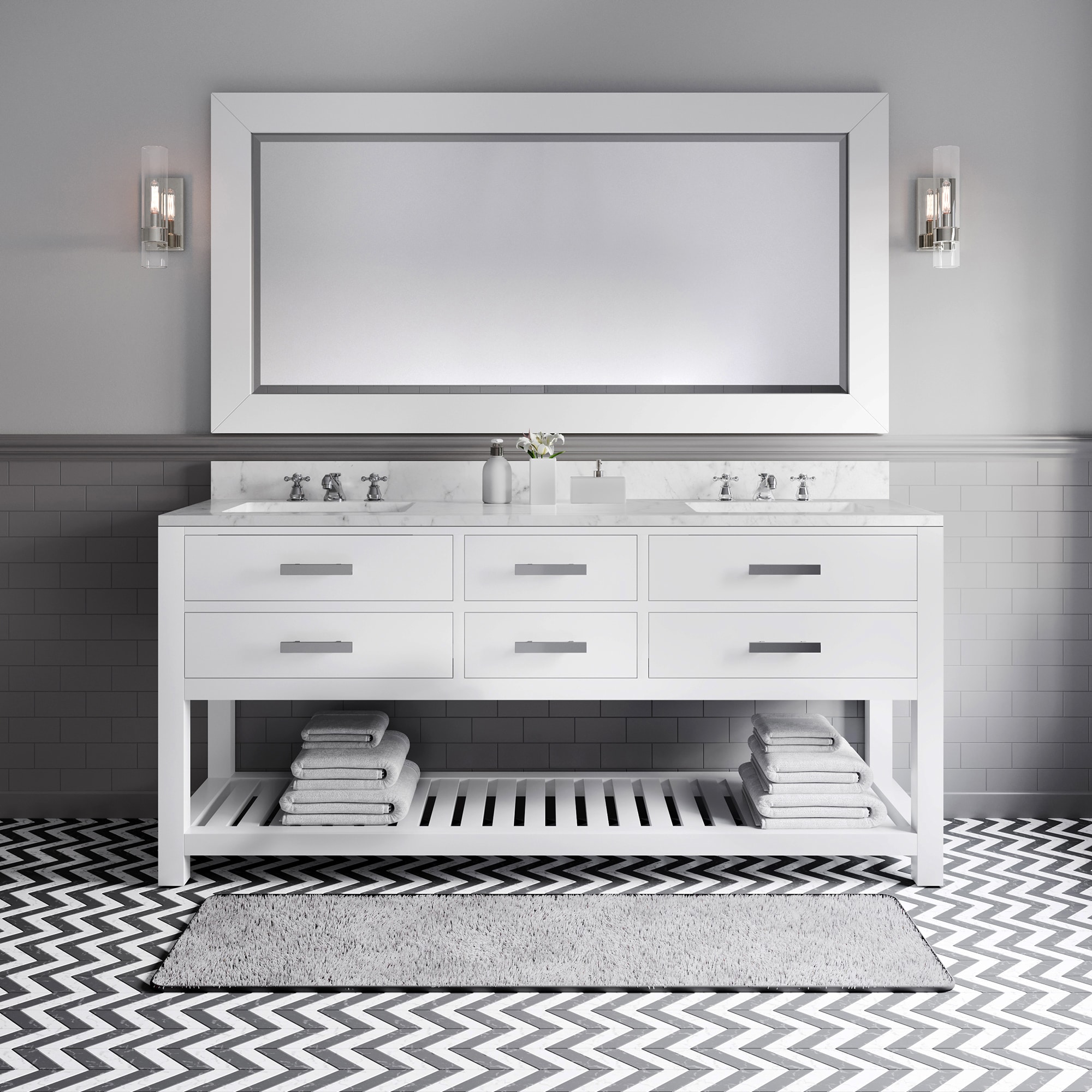 Water Creation MADALYN72WB Madalyn 72-in Pure white Undermount Double sink Bathroom Vanity with Carrara white Natural marble Top (Mirror Included)