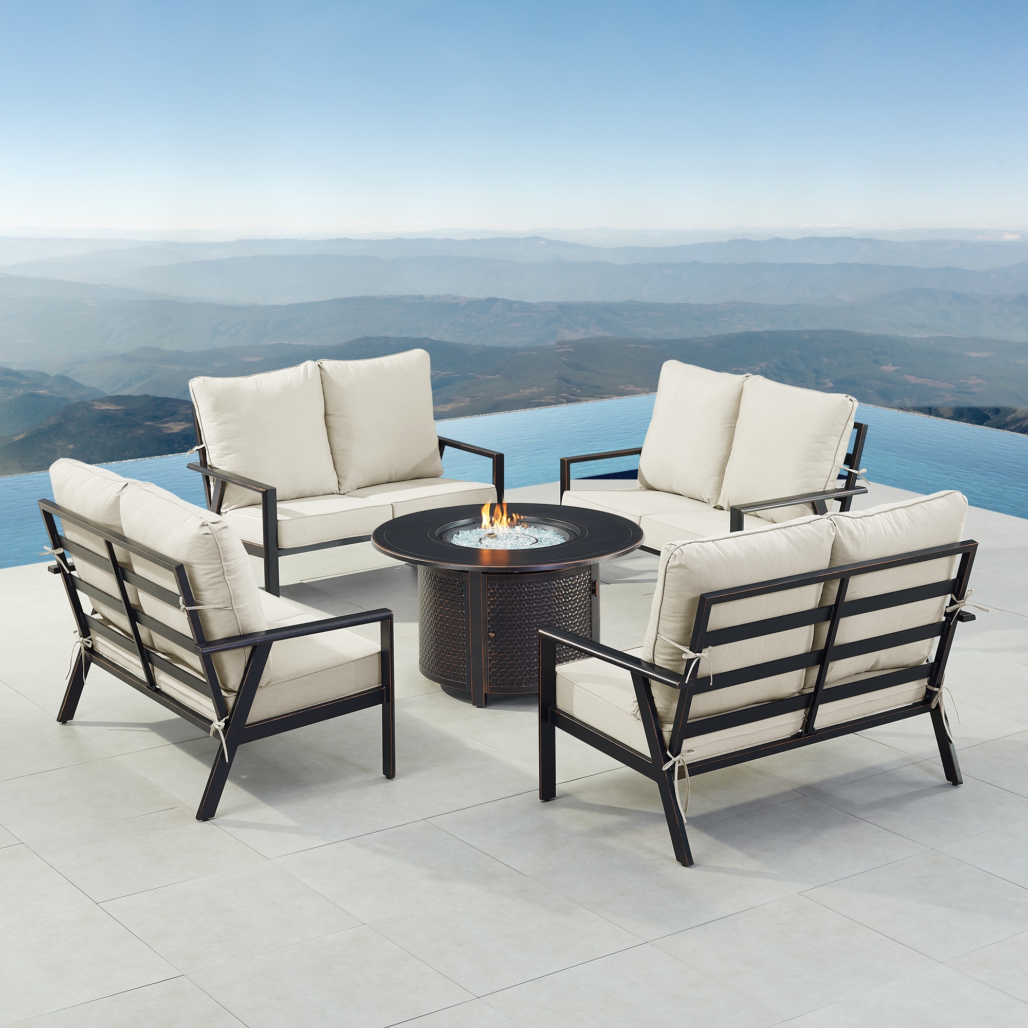 Oakland Living LUX4LSMATERALGCU Fire Pit Table Set, Four Loveseats, Wind Guard and Ice Bucket 24 -Piece Patio Conversation Set with Gray Cushions