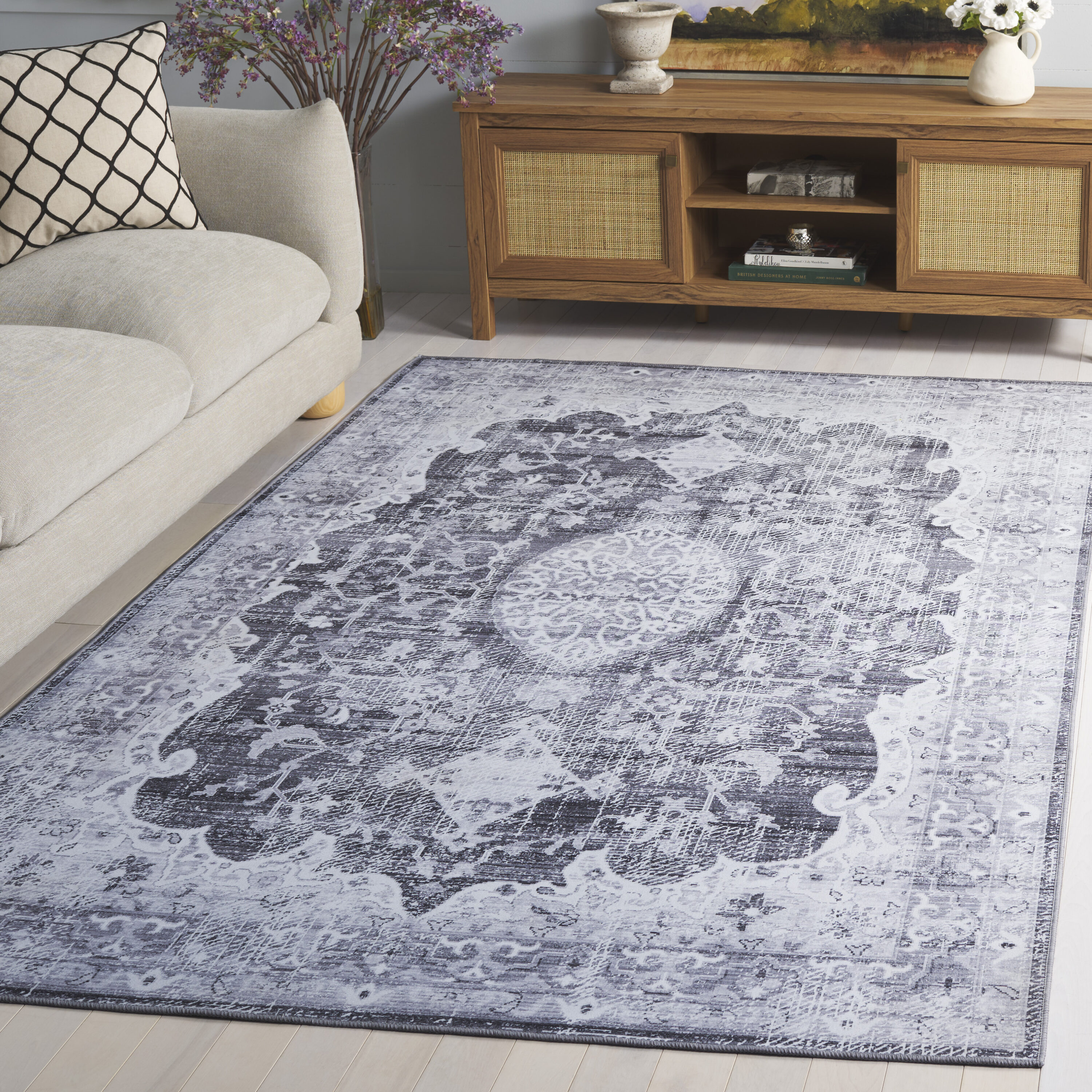 Tucson 206F Dark Grey Light Grey Machine Washable/Slip Resistant 5ft x 8ft Traditional Rug