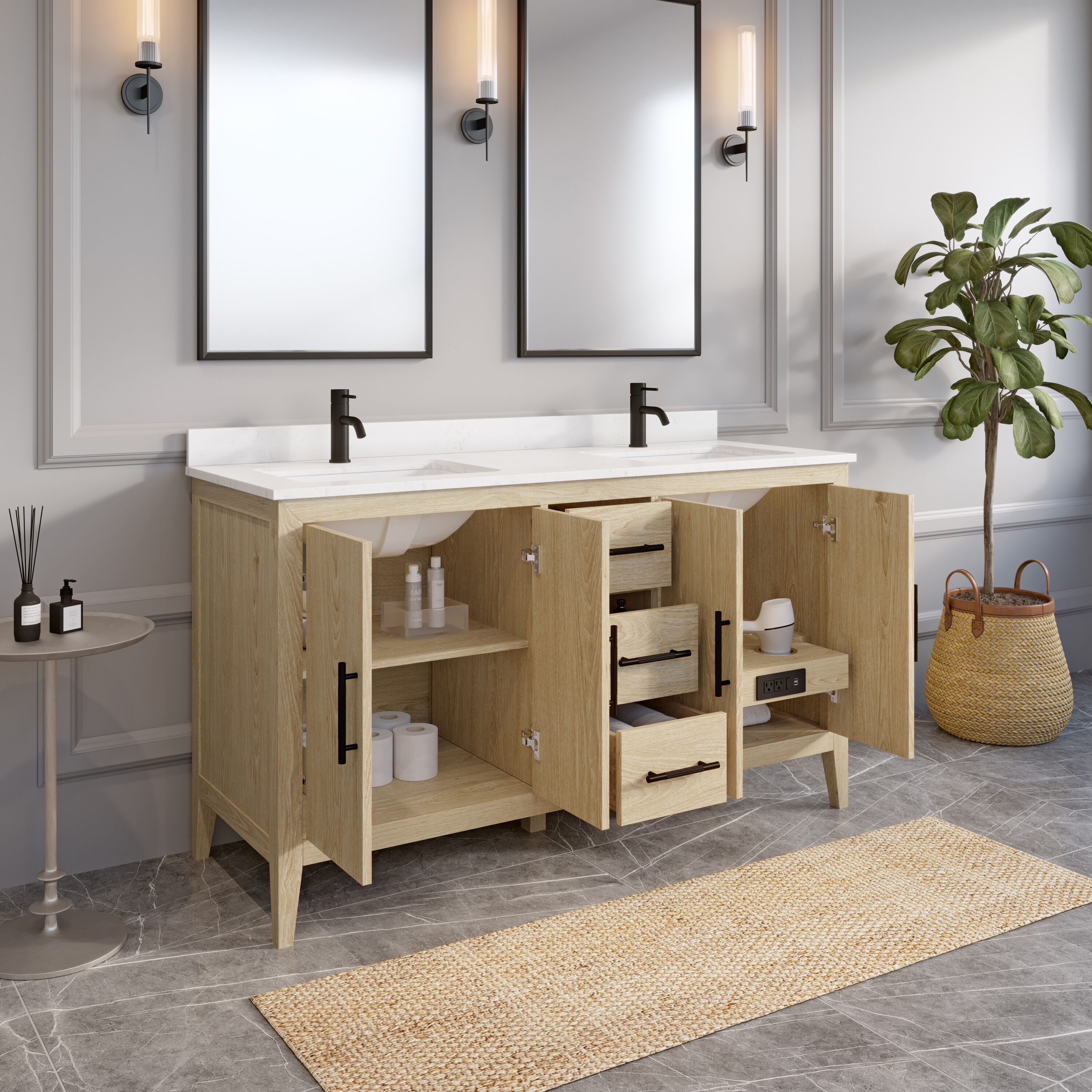 Spa Bathe Vance 60-in White Oak Undermount Double Sink Bathroom Vanity ...