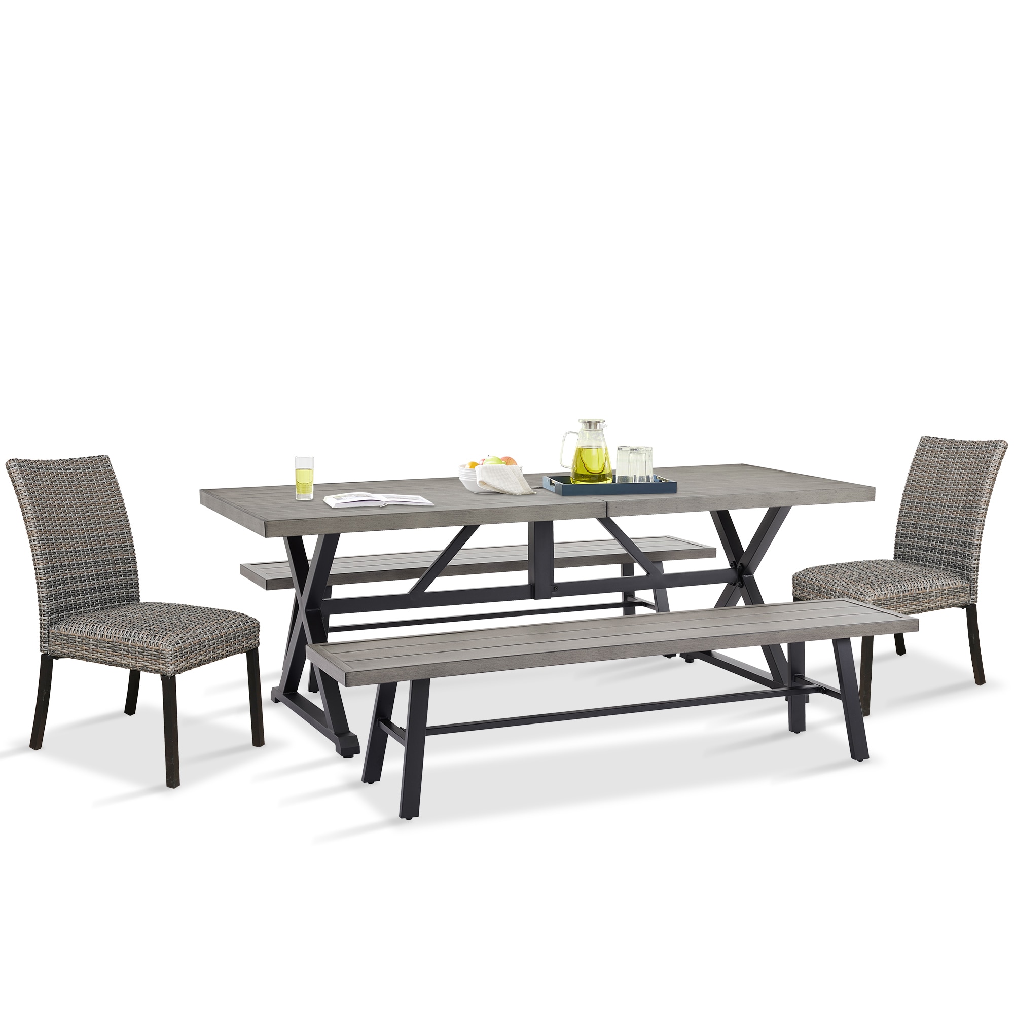 PEAK HOME FURNISHINGS 970423-244X2-422X2 5 -Piece Gray Wicker Patio Dining Set Steel Rectangle Table with 4 Stationary Chairs