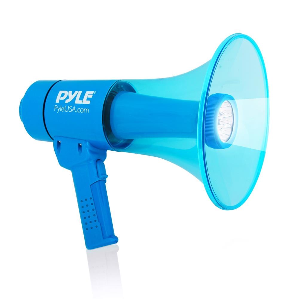 Pyle  Waterproof Megaphone with LED Lights 40W Power Rechargeable Battery Siren Function Weatherproof Ideal for Crowd Control Blue