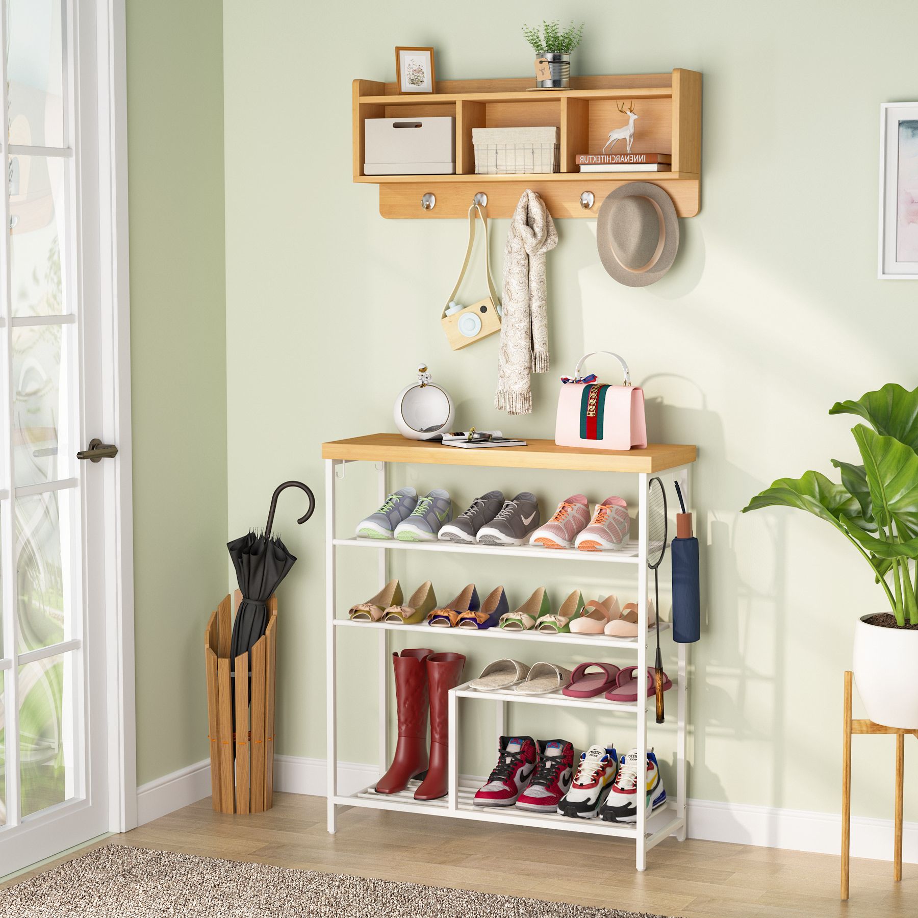 Coat Rack Shoe Bench, 28.3 Entryway Storage Bench, 3-Tier Shoe Rack with  Metal Mesh Shelves