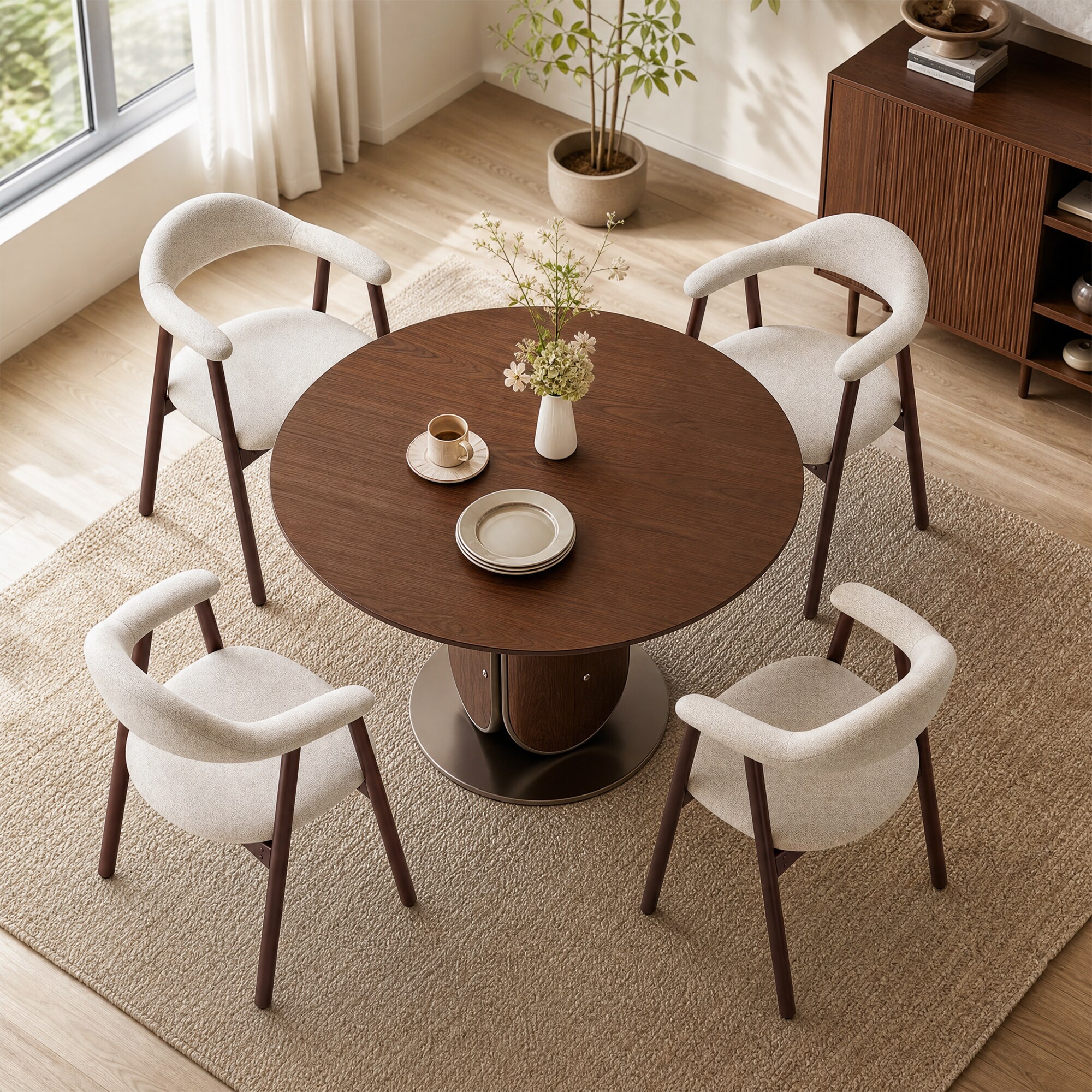 ViviHav - Set of 4 Mid-Century Modern Beige Upholstered Dining Armchairs