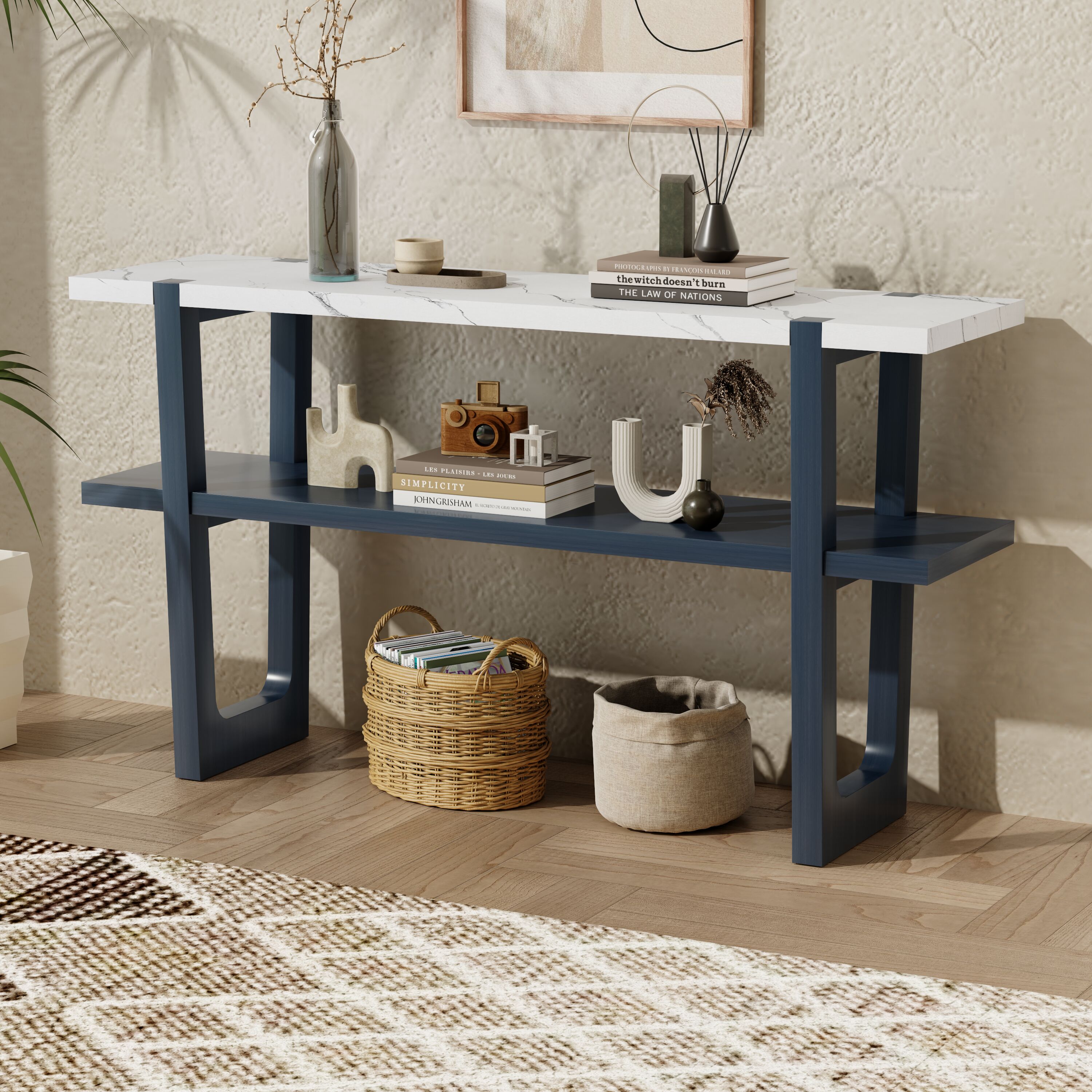 ModernLuxe N715P196906M Narrow Console Table with MarbleEffect Top Retro Entryway Table with Open Shelf Sofa Table for Entryway Hallway and Living Room Navy