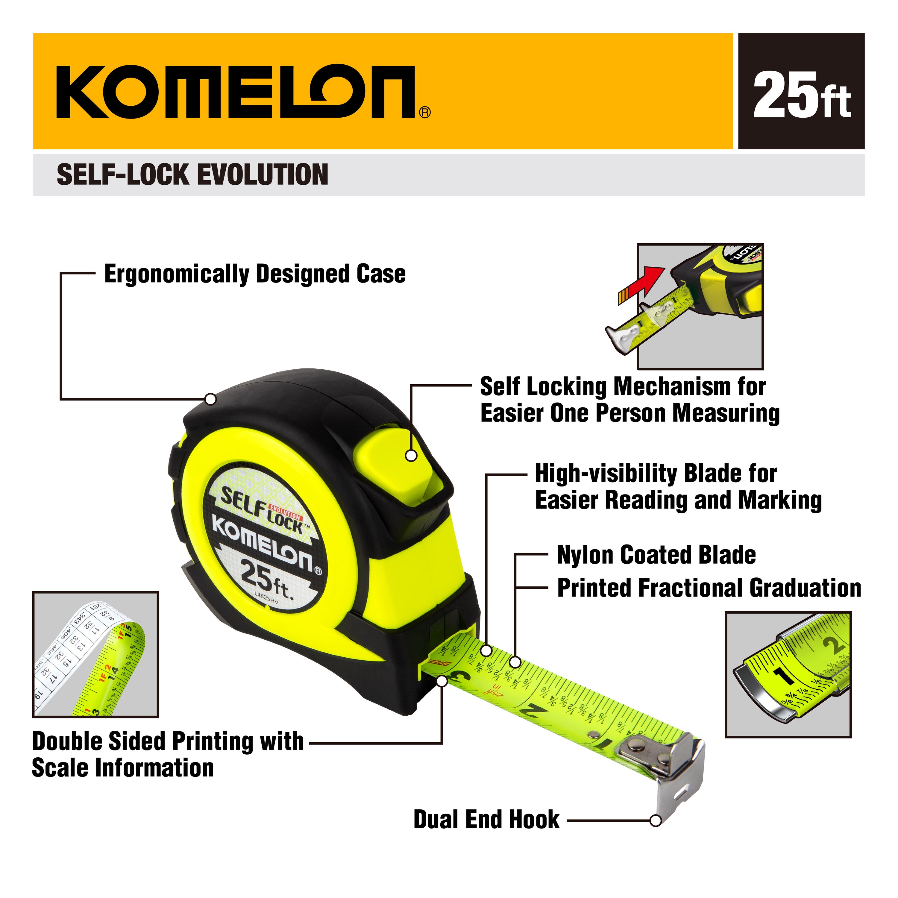 Komelon 1 x 25' Self Lock Speed Mark Tape Rule SL2925