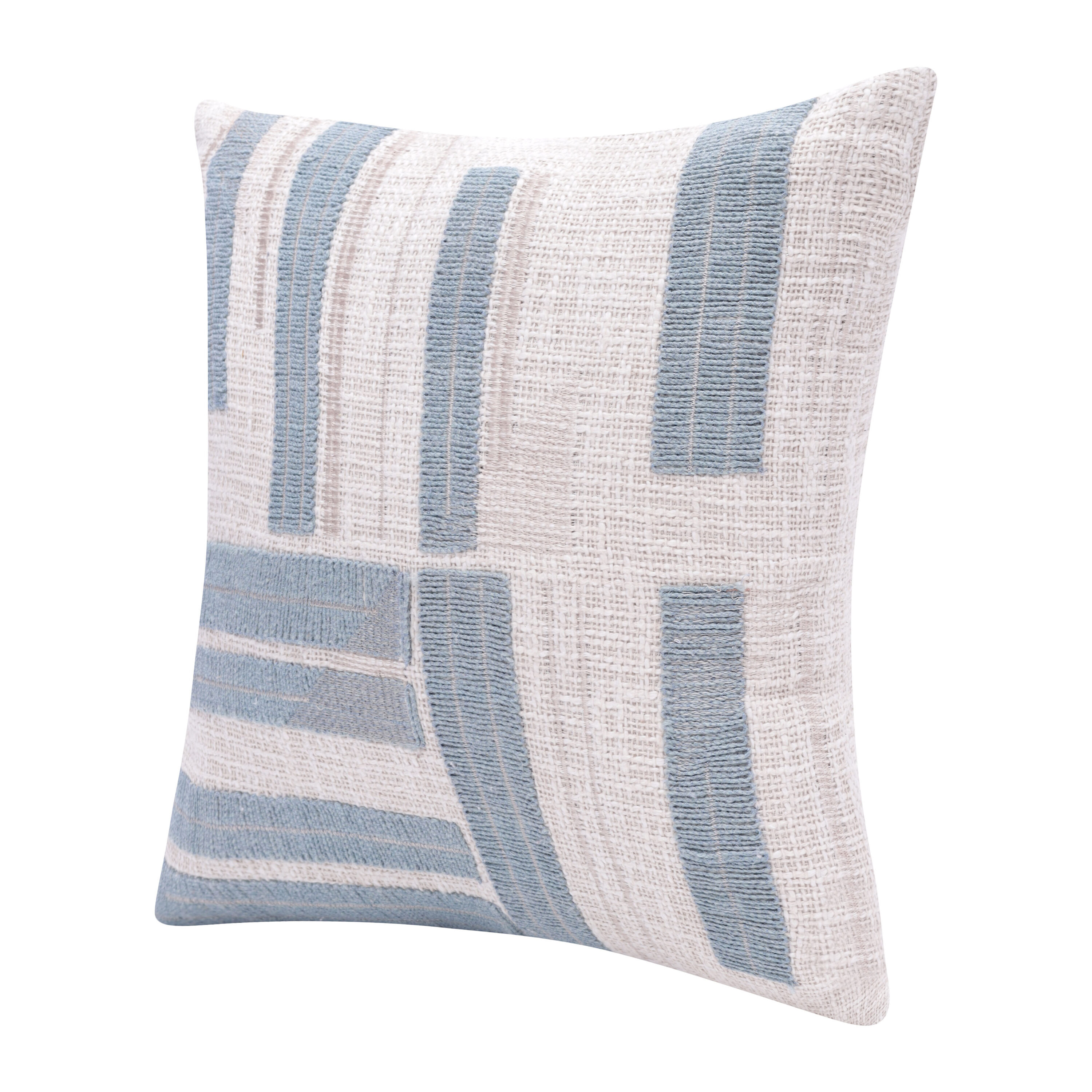 Ocean Blue and Ivory Cotton Embroidered Throw Pillow
