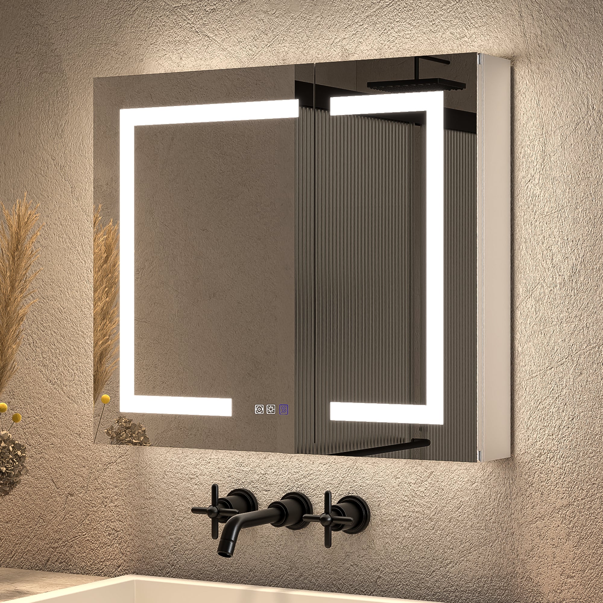 ExBrite LWSDHMC3026V3 Opale 30-in x 26-in Lighted LED Fog Free Surface/Recessed Mount Silvery Gray Mirrored Rectangle Soft Close Medicine Cabinet with Outlet