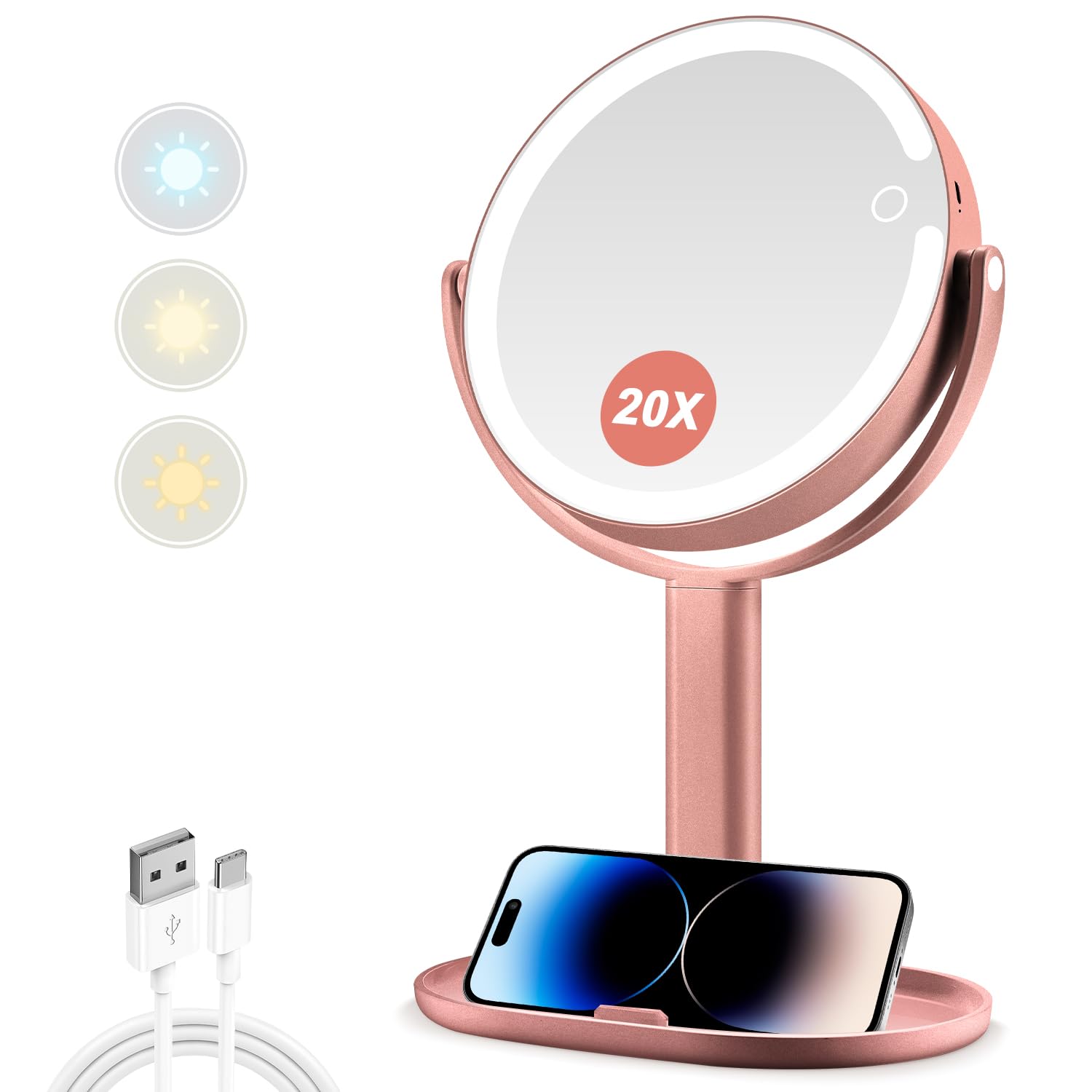 Lukvuzo  Makeup Mirror with Lights 20X Magnifying Double Sided Vanity Mirror with 3 Color Modes 80 LED Touch Switch Metallic Rose Gold