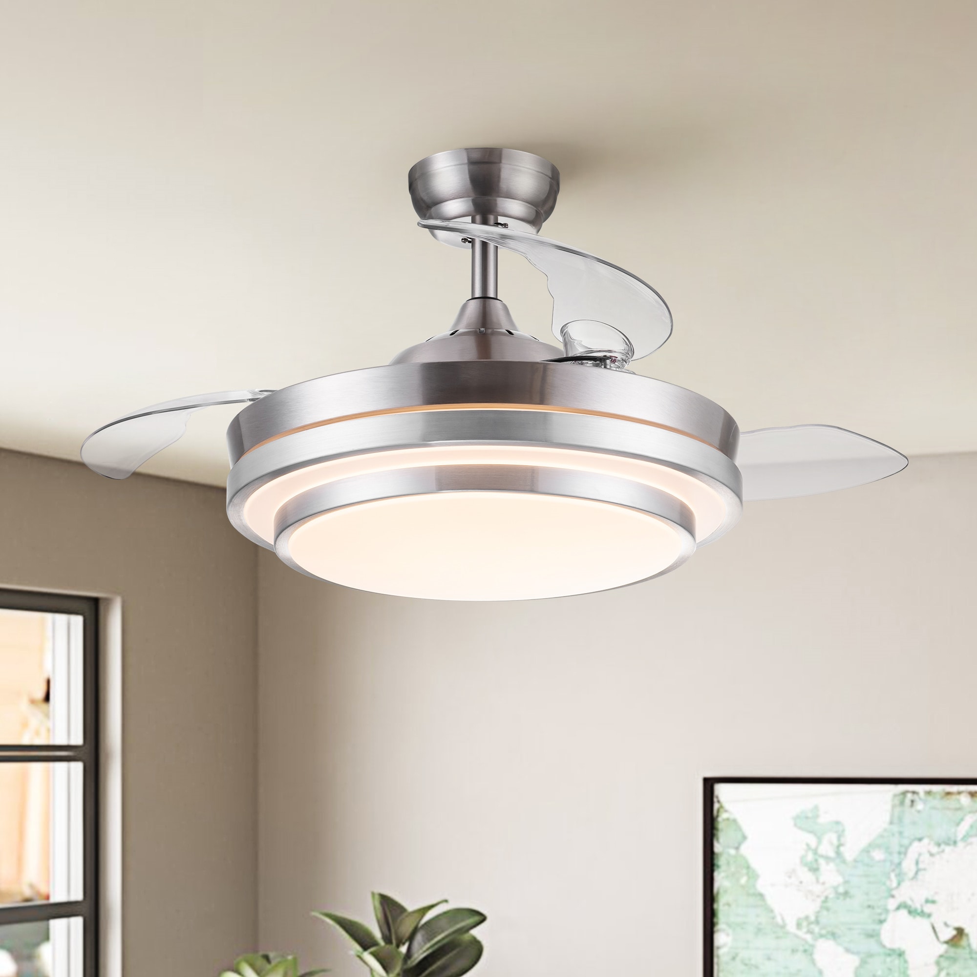 BABOOM BOM-6779971-OR 42-in Color-Changing Integrated LED Brushed Nickel with Clear Blades Ceiling Fan With Light - Remote Included ( 3 -Blade )