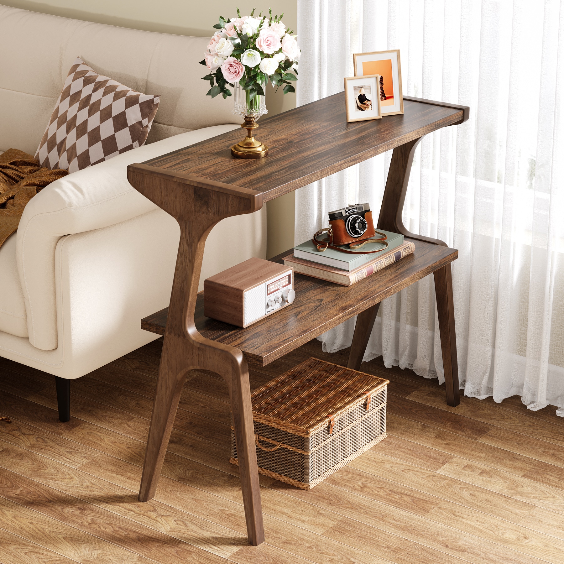 Fnova LWTJ-HL0175 End table 28-in W x 27-in H Brown Wood Rectangular Farmhouse End Table