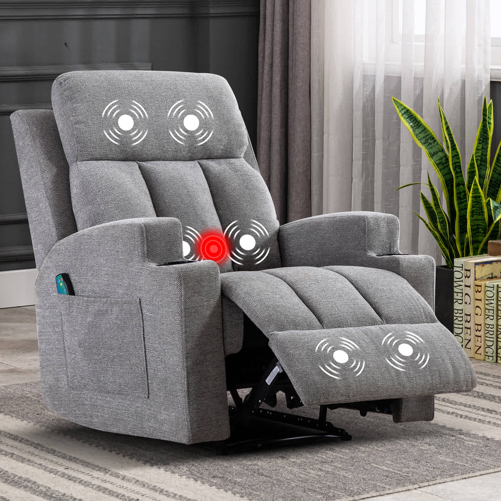Bestier USLOW-L504832C-SR 33.5 in. Light Gray Fabric Manual Massage Recliner Chair with Remote Control and 2 Dual Cup Holders