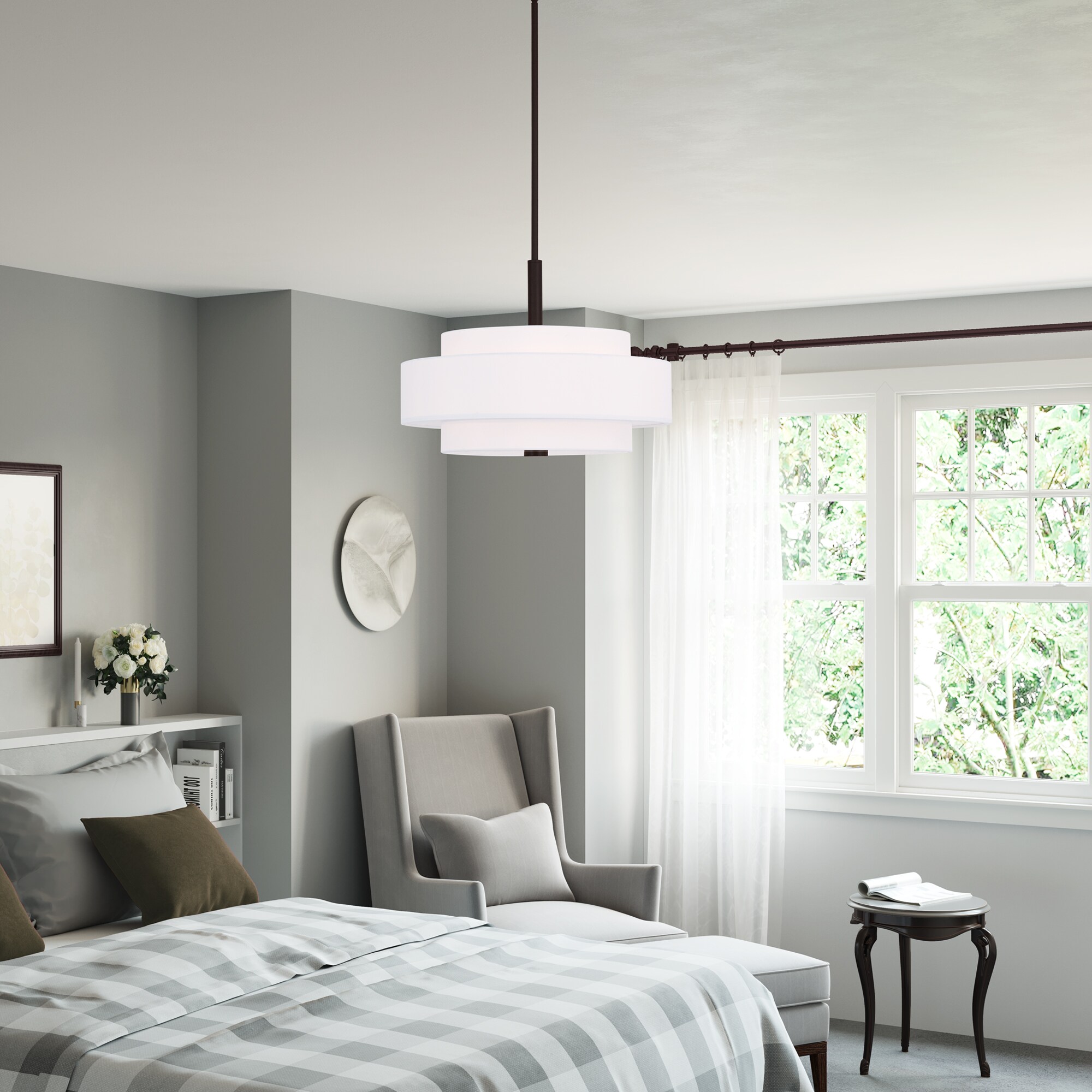 Bronze 4-Light Pendant with Off-White Drum Shade