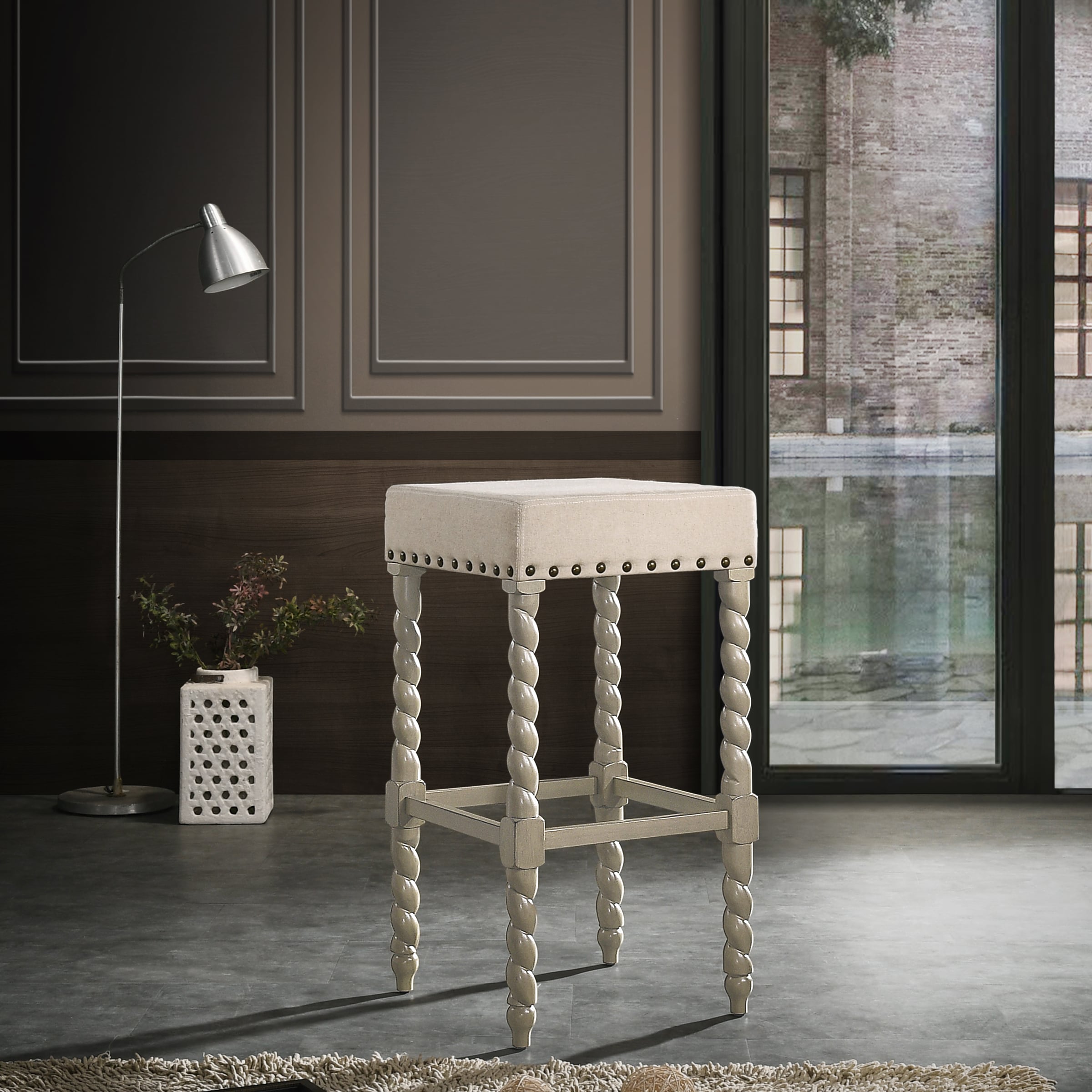 Weathered Gray and Linen 30" Bar Stool with Turned Legs