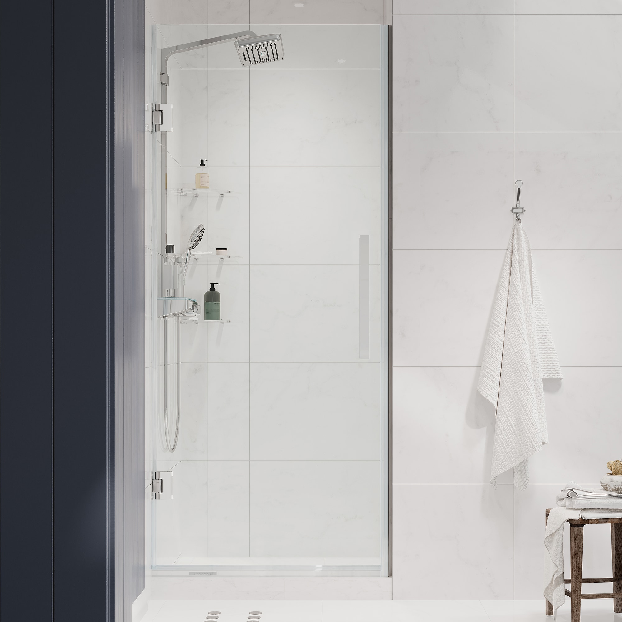 Chrome Frameless Pivot Shower Door Kit with Shelves, 72" Height