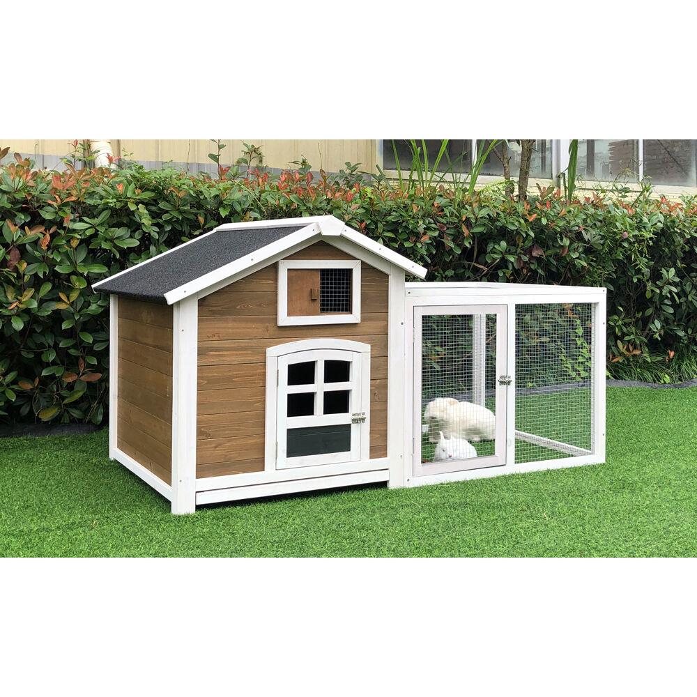 Brown and White Wooden Chicken Coop with Wire Mesh Run