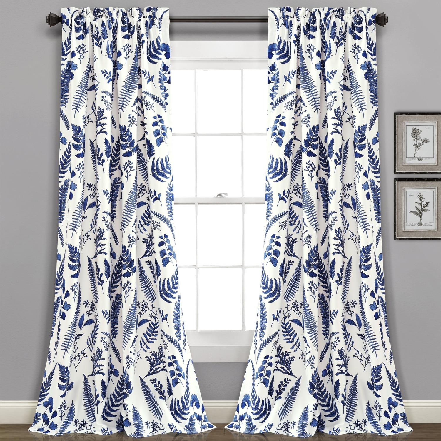 Devonia White and Navy Polyester Room Darkening Curtain Panels