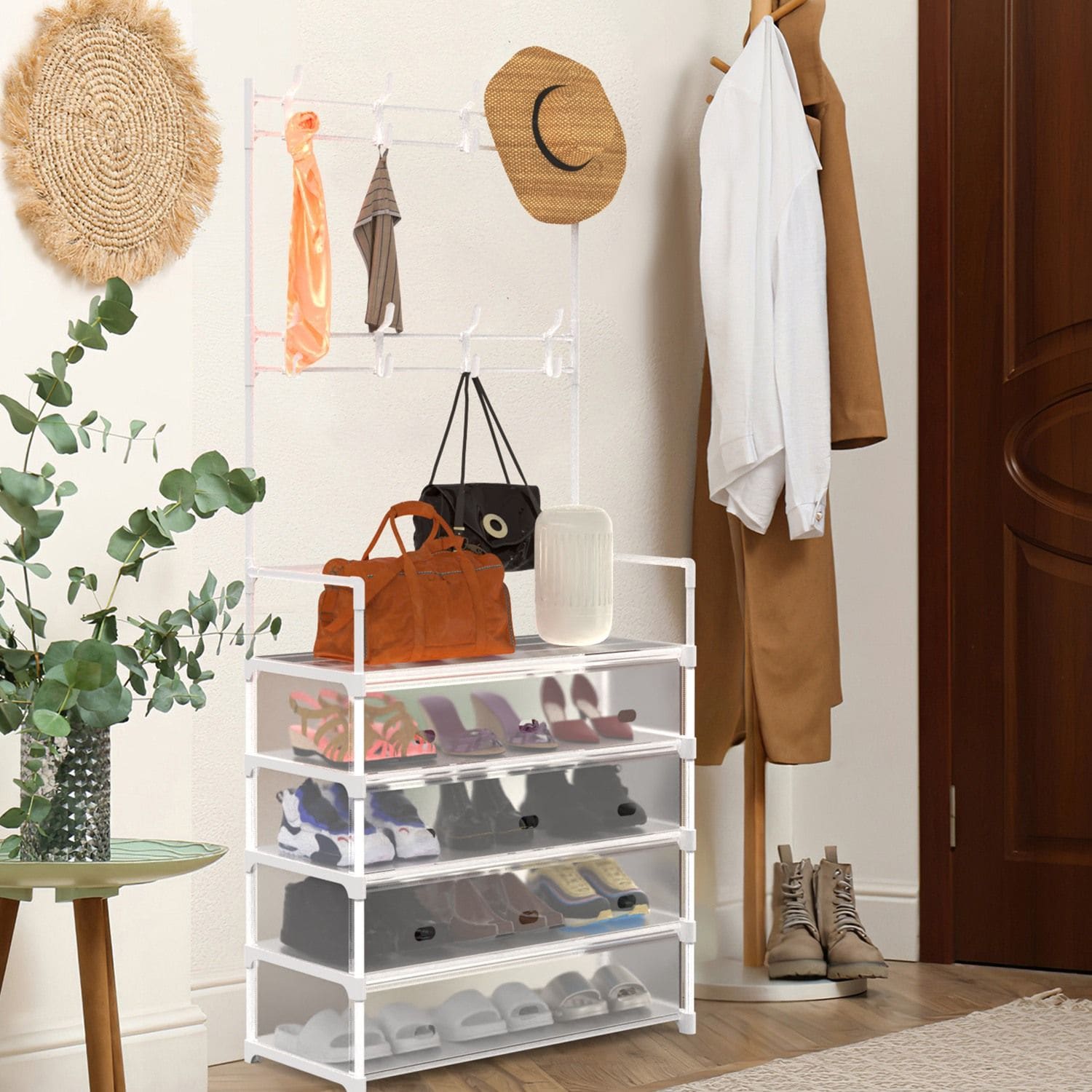 JUSHUA 5-Tier Dustproof Entryway Hall Tree Coat Rack Shoe Rack With 8 Removable Hooks Freestanding Shoe Storage Shelf Hat Clothes Organizer For Front Door Bedroom Entryway