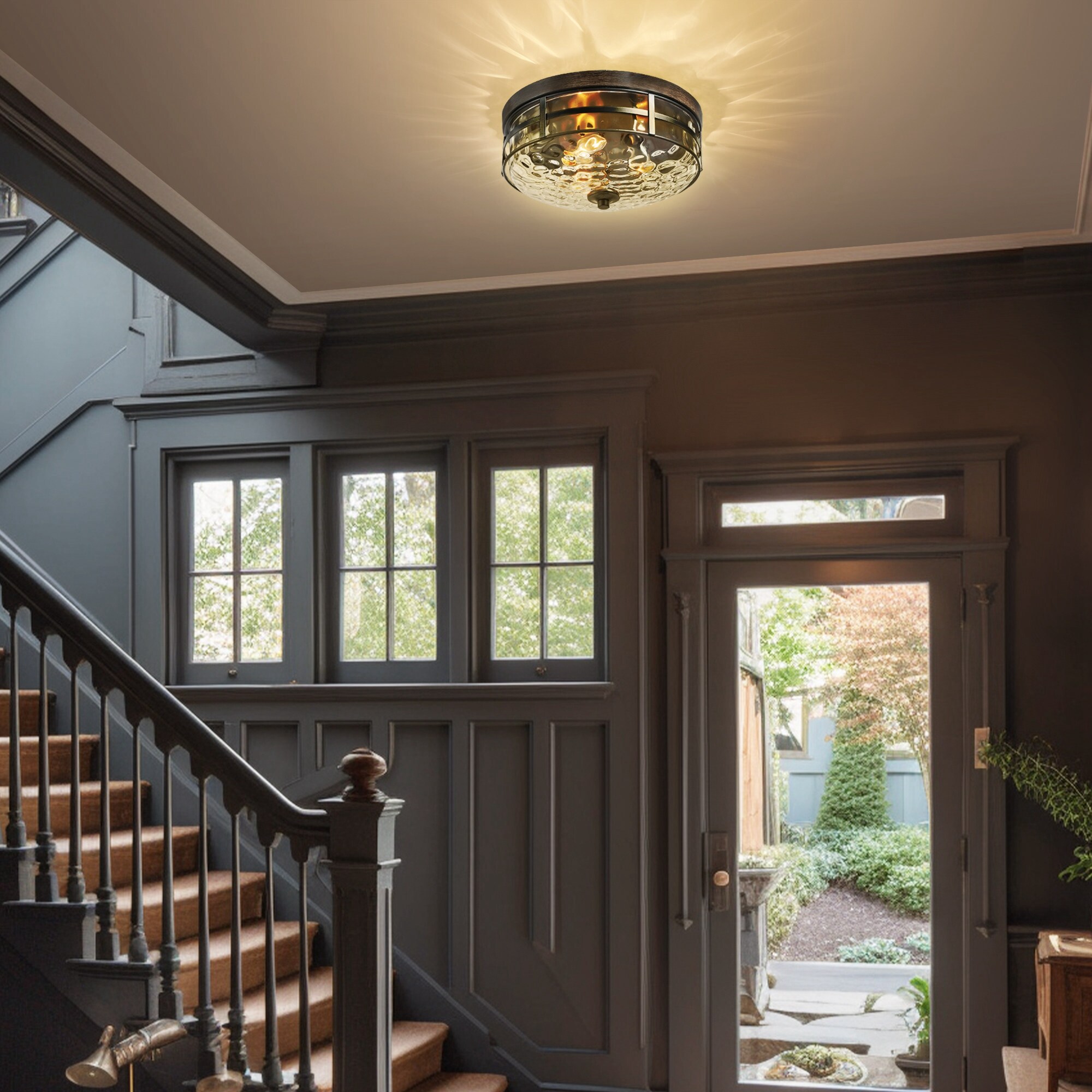 Uolfin 3-Light 12.5-in Black Bronze and Wood Tone with Textured 