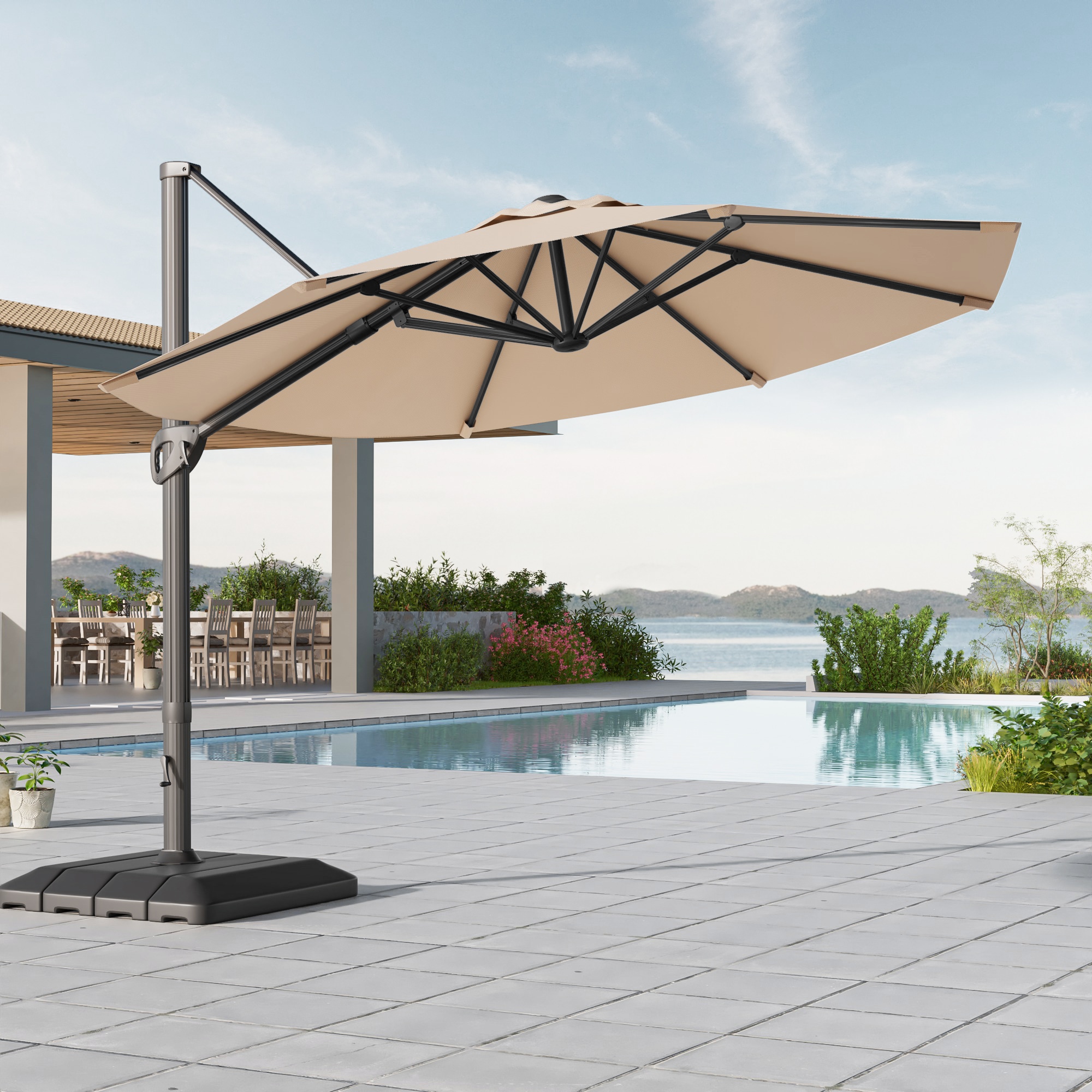 ACEGOSES LW-HCT-TJ12SD 11-ft Aluminum Tan No-tilt Cantilever Patio Umbrella with Base