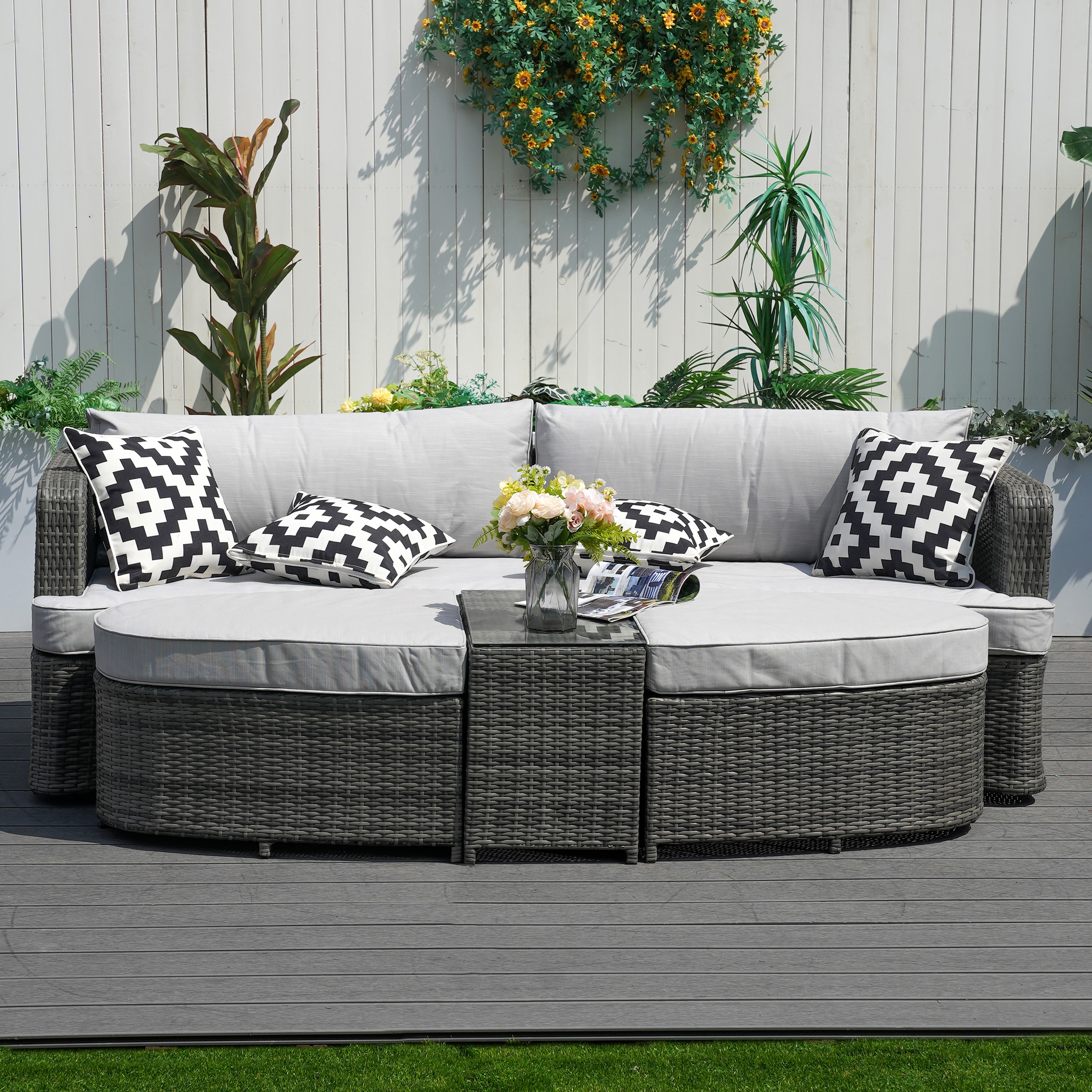 Moda Furnishings PAL-1202-GR 4 -Piece Wicker Patio Sofa Conversation Set with Gray Cushions