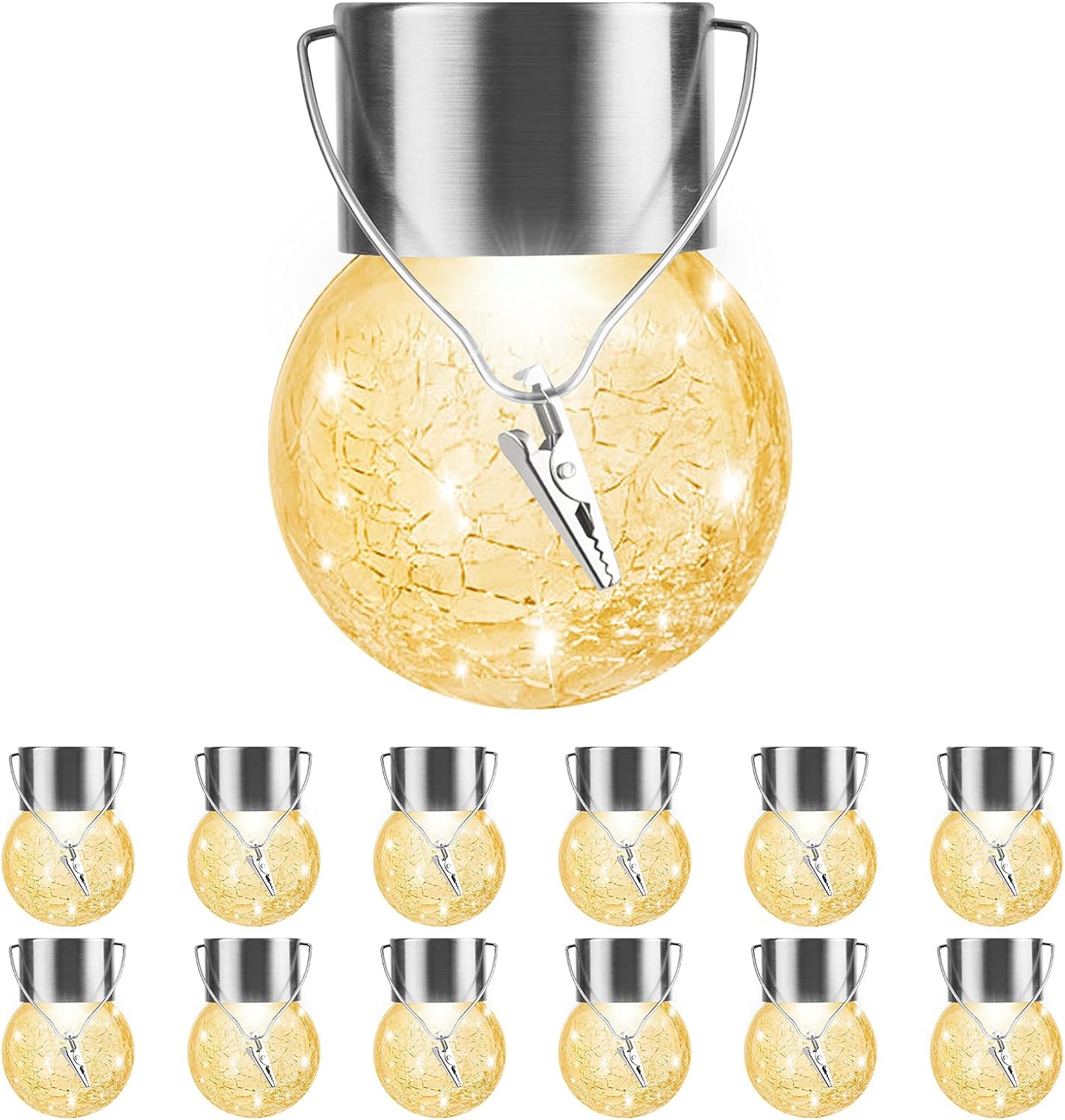 Cinoton Solar Outdoor Lights Decorative 12 Pack Hanging Solar Garden Lights Waterproof Solar Powered Globe Cracked Glass Ball Lantern for Yard Patio Fence Tree Umbrella Holiday Decoration Warm White