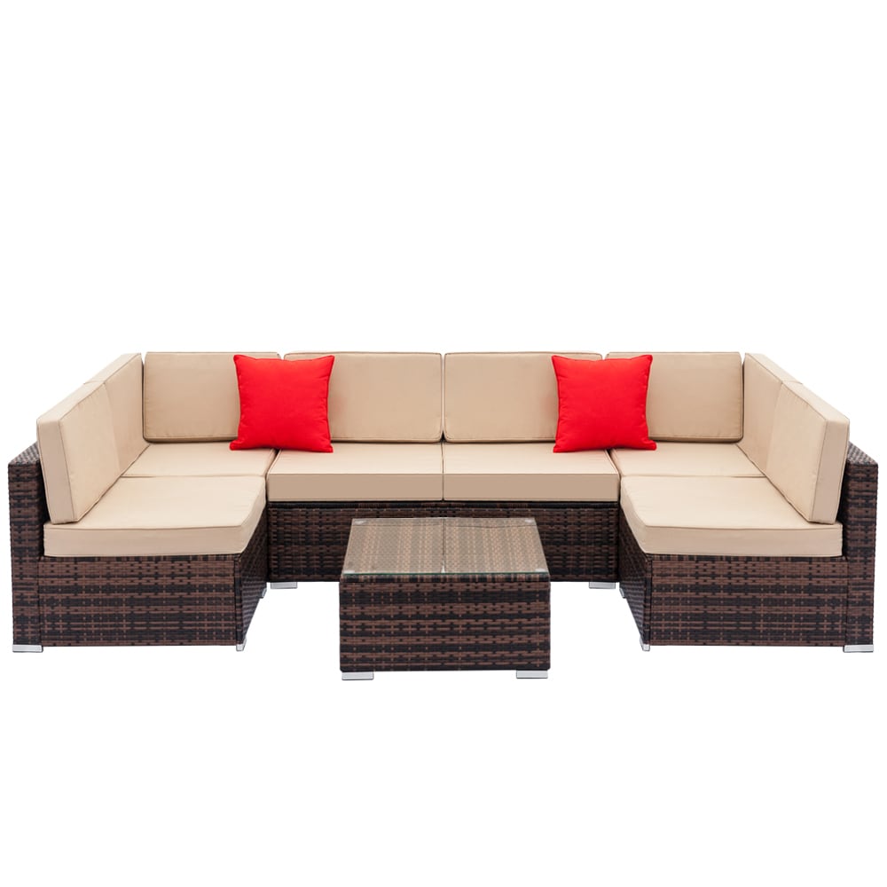 Winado 960462701597 7 -Piece Rattan Patio Sofa Conversation Set with Tan Cushions