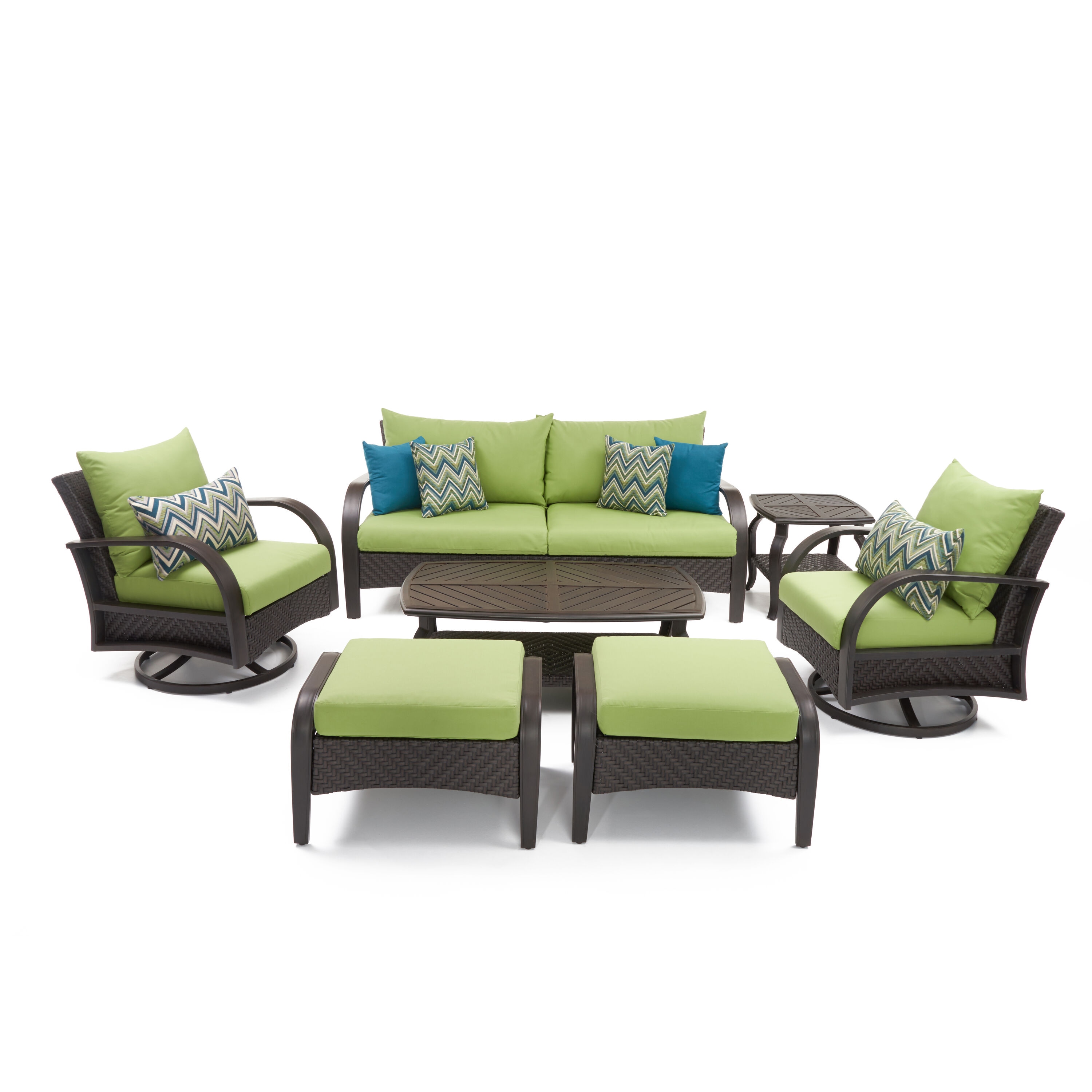 RST Brands OP-PESS7M-BAR-GNK-K Barcelo 7-Piece Wicker Patio Sofa Conversation Set with Green Sunbrella Cushions