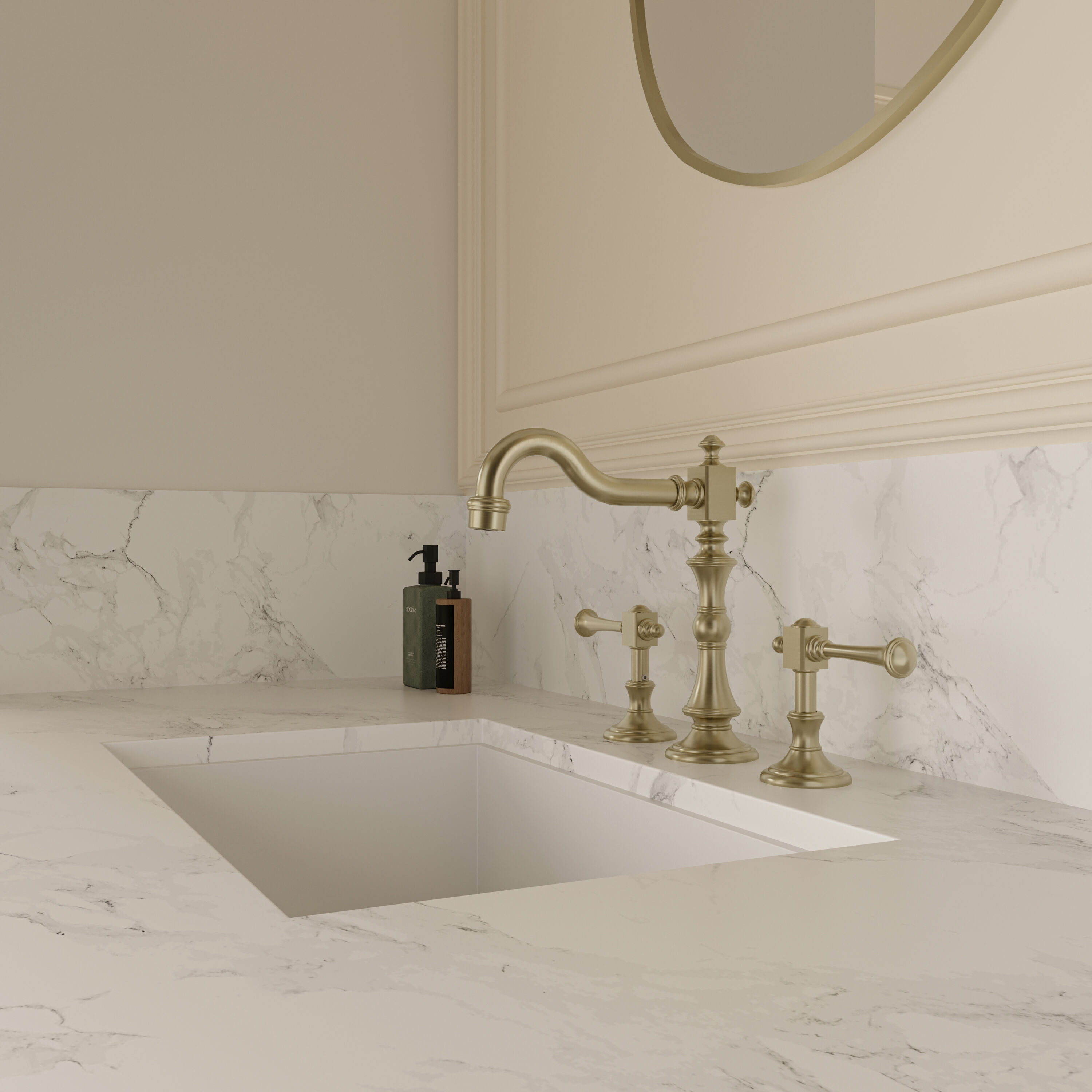 BWE - Brushed Gold Widespread 2-handle WaterSense Mid-arc Bathroom Sink Faucet with Drain