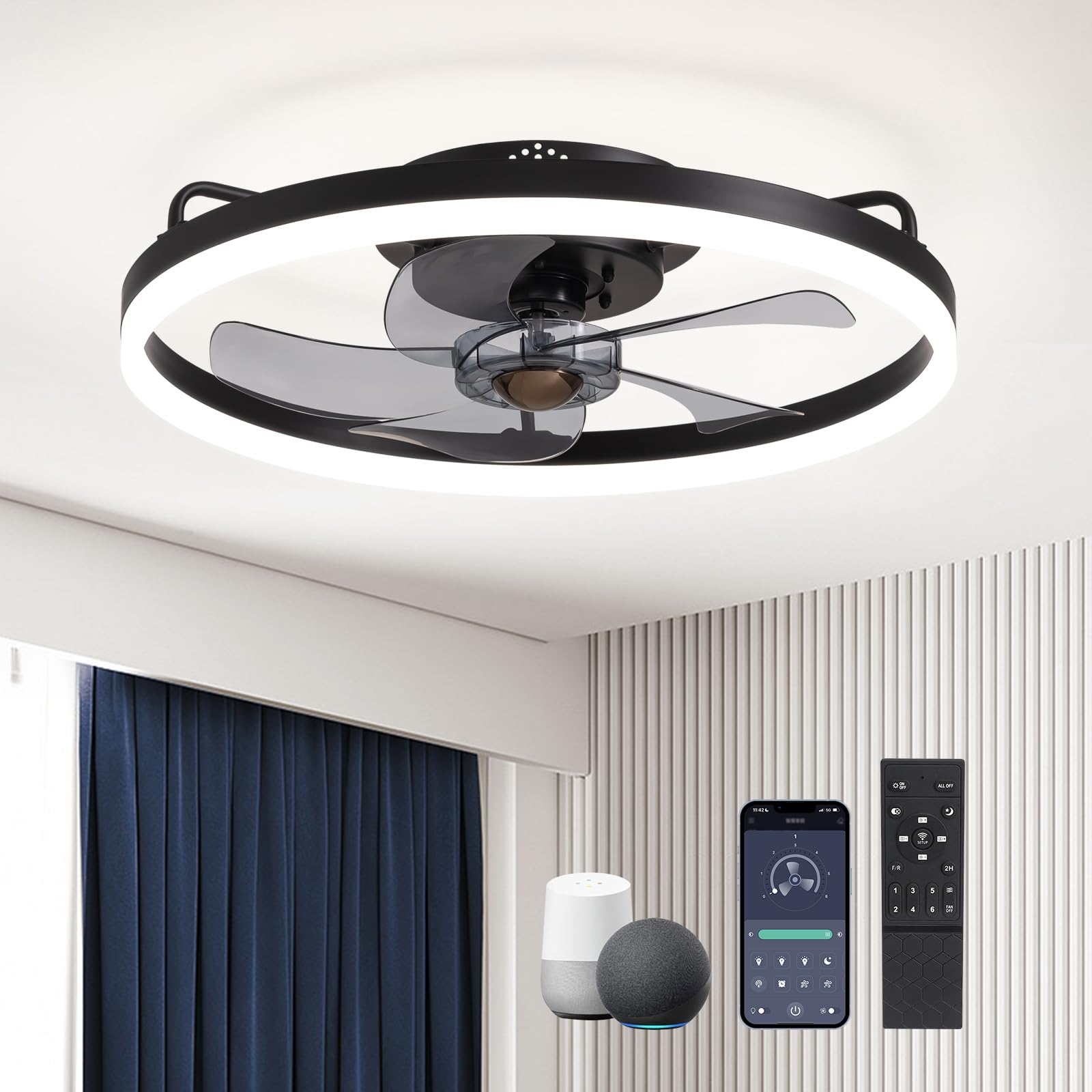 SILJOY LL-6002BL-02 Flush mount Ceiling Fan with Light and Remote Control Include