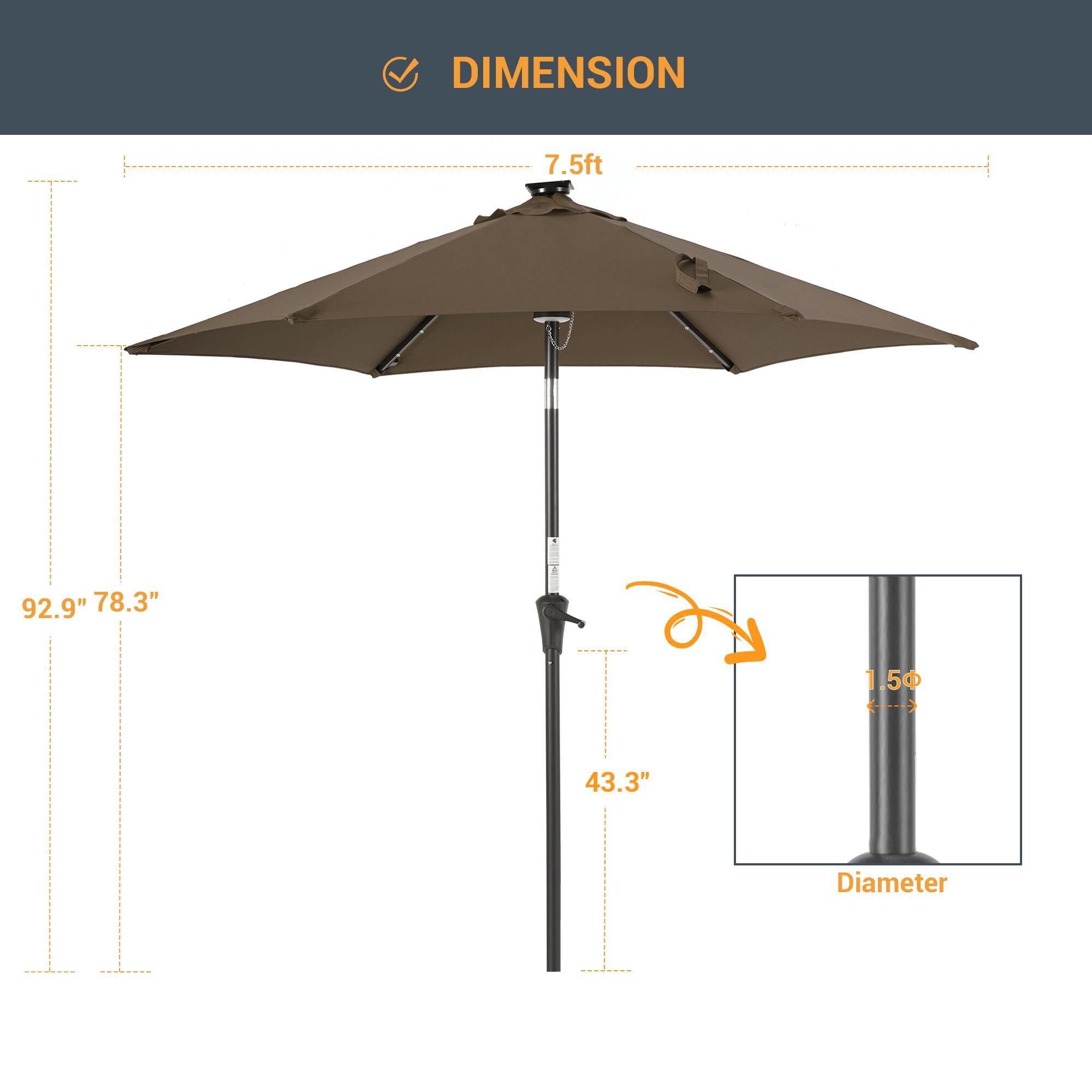 Sonkuki 7.5-ft Solar Powered Push-button Tilt Market Patio Umbrella in ...