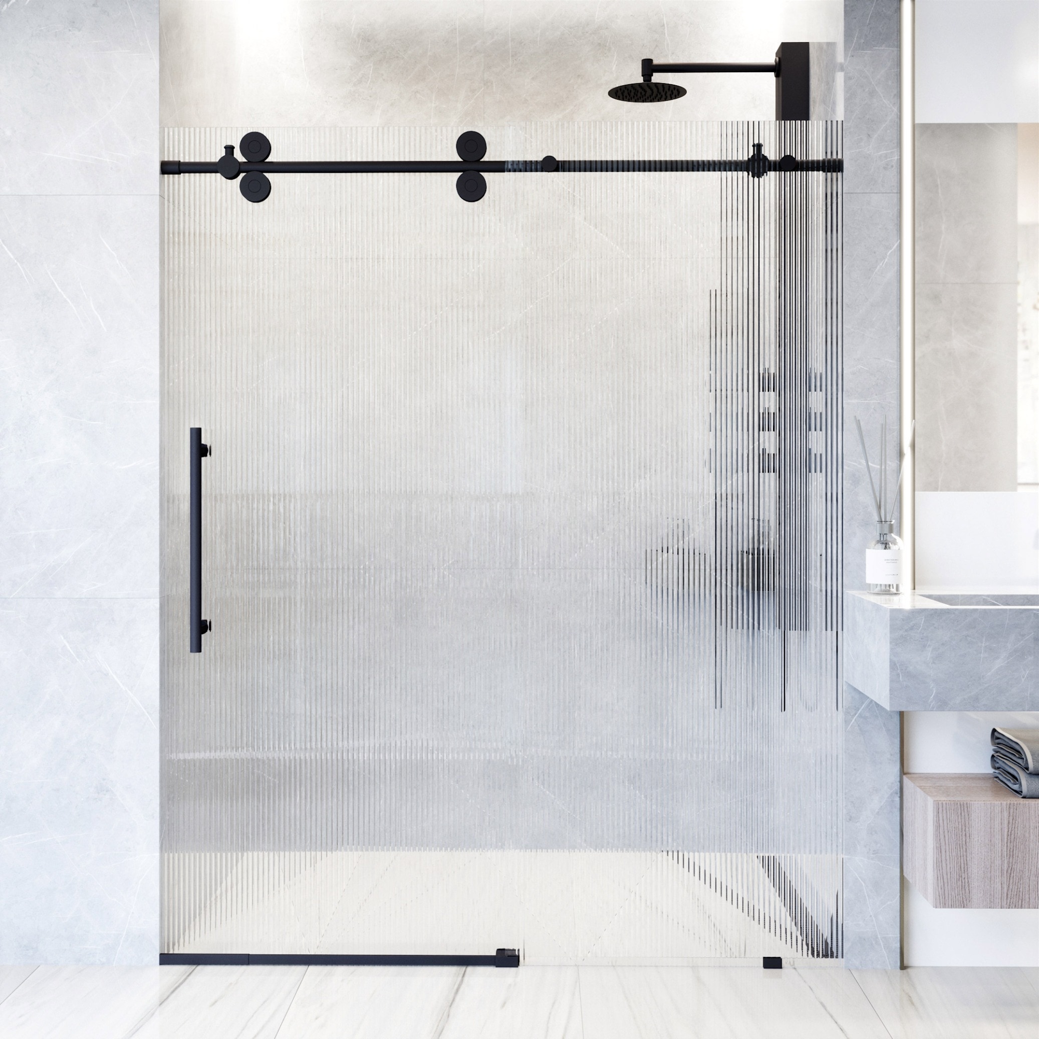 VIGO Elan Matte Black 68-in to 72-in x 74-in Frameless Sliding Shower Door  in the Shower Doors department at