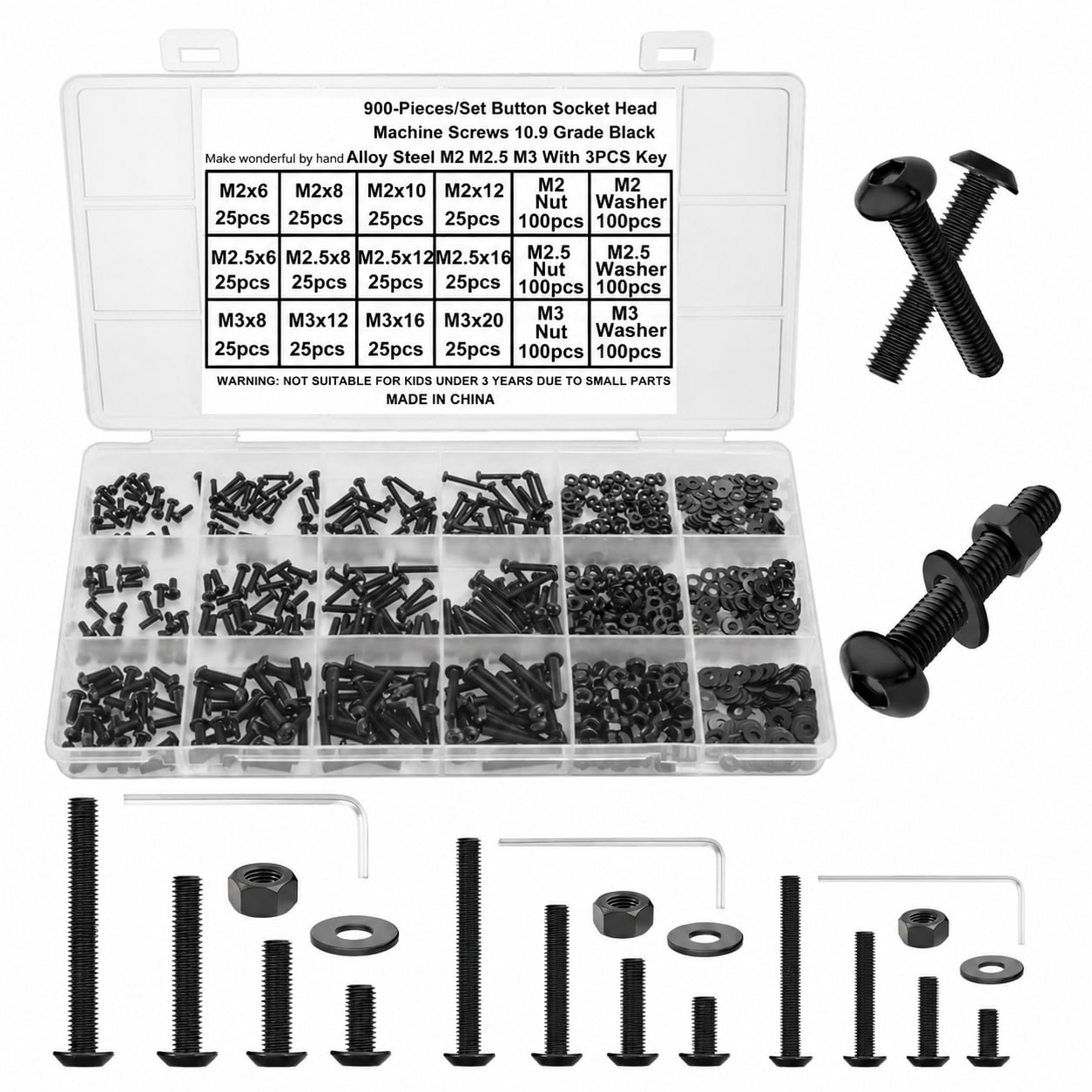 JVFCXXV  900PCS Button Head Hex Socket Cap Screws Assortment Kit M2 M2.5 M3 Bolts Nuts Washers Set Alloy Steel Black Fully Threaded with Hex Key