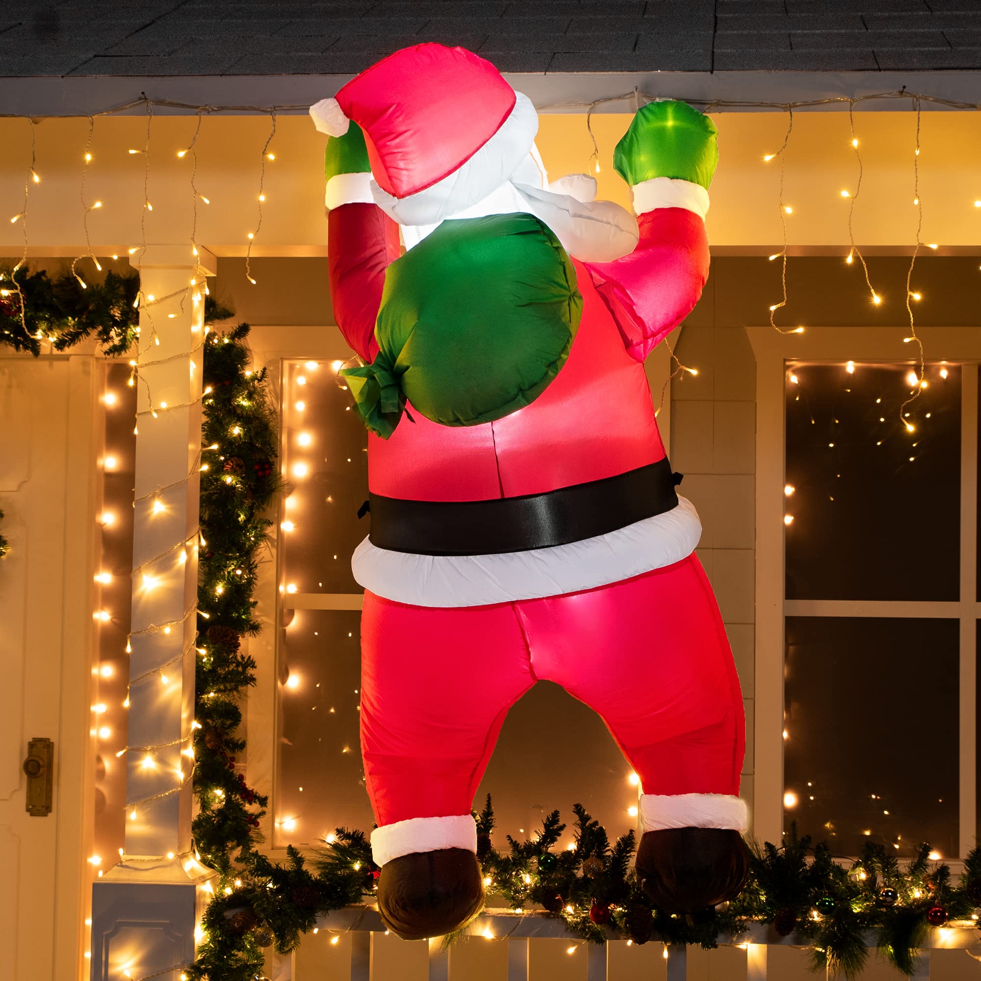 Joyfy 5.5 FT Tall Christmas Inflatables Outdoor Decorations Hanging Santa with Gift Bag