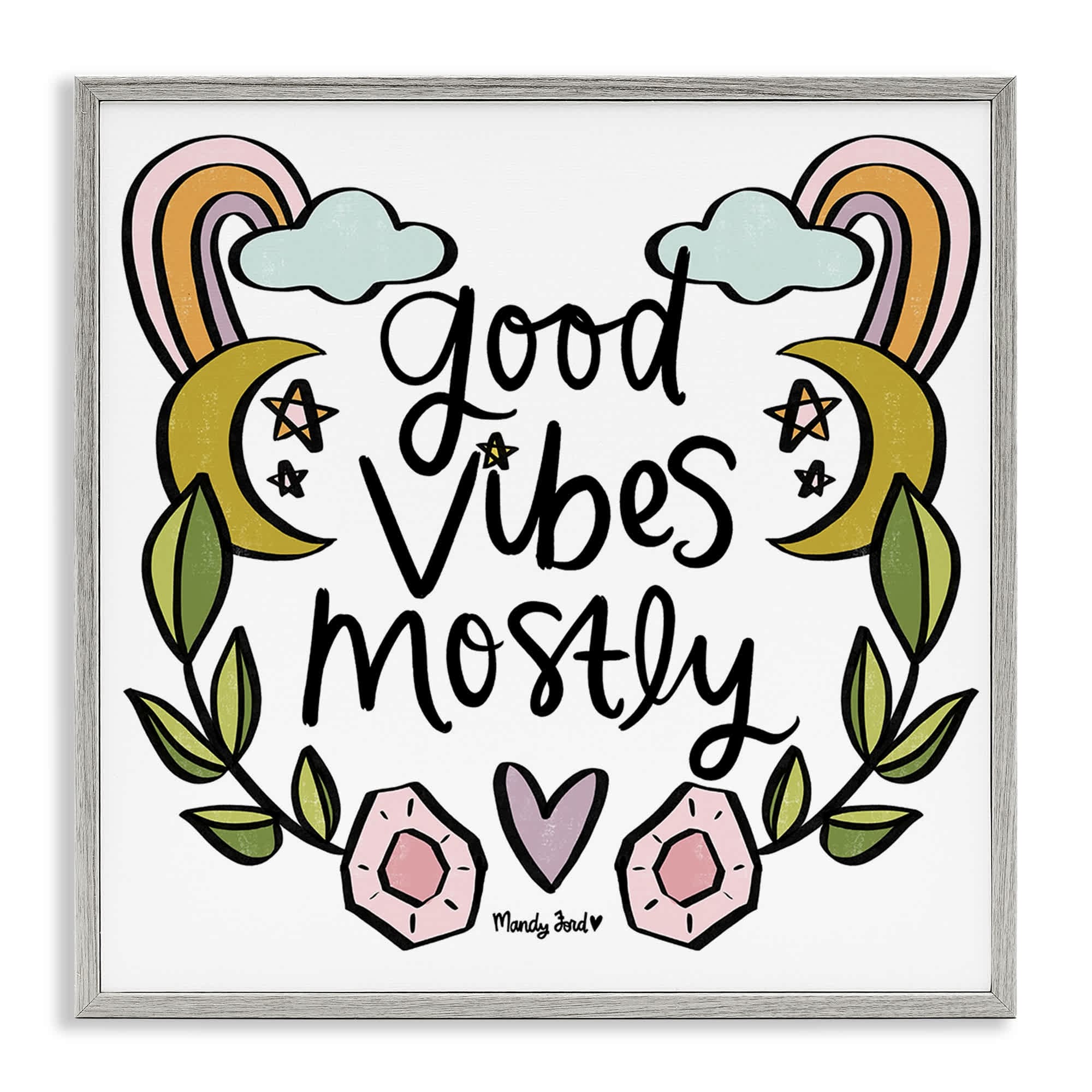 Stupell Industries BS-309-GFF-12X12 Good Vibes Mostly Gray Framed Giclee Art By Mandy Ford Art + Illustration 12 x 12