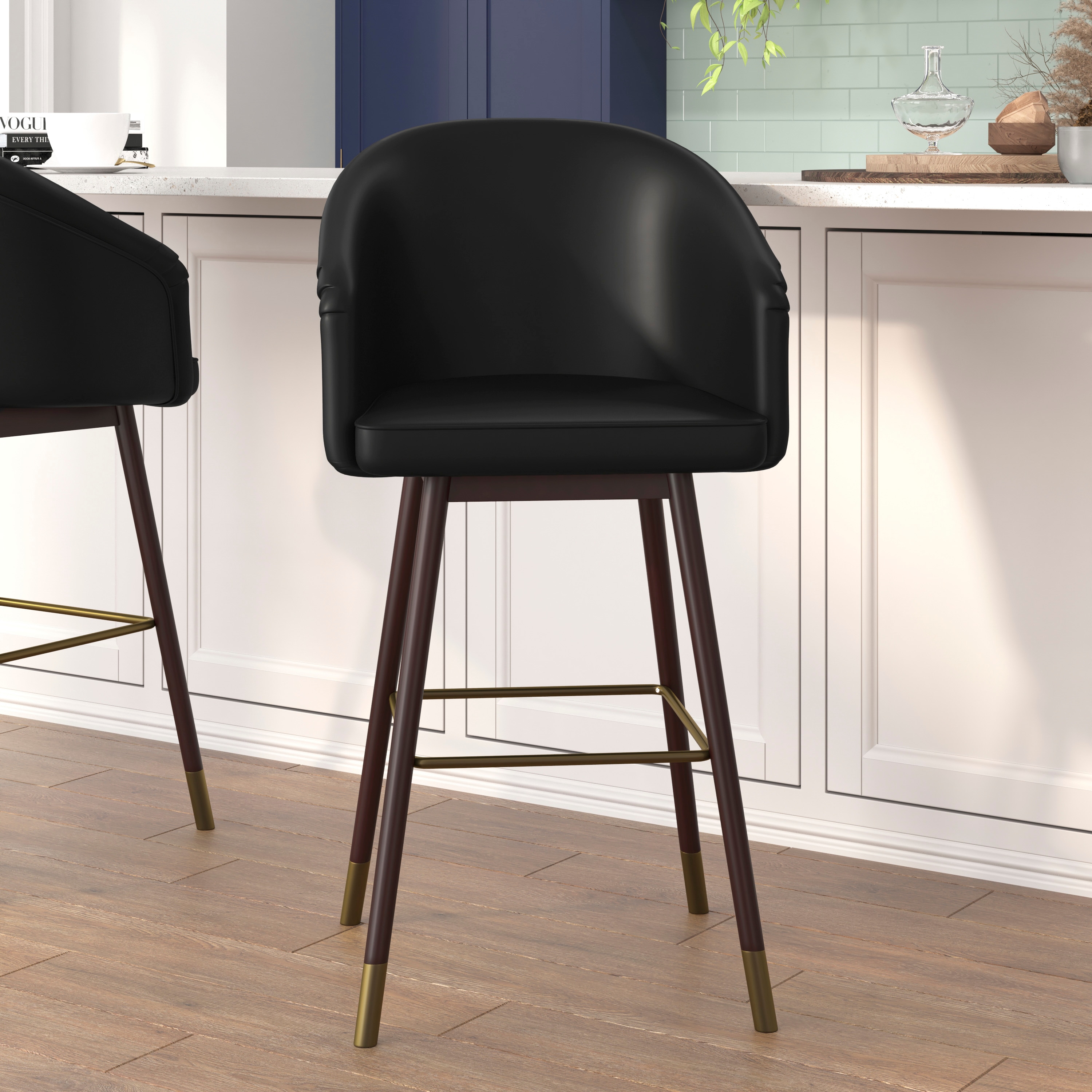 Flash Furniture 196861026195 Margo 30-in Commercial Grade Mid-Back Modern Barstool with Walnut Finish Beechwood Legs and Curved Back; Black LeatherSoft/Bronze Accents-Set of 2