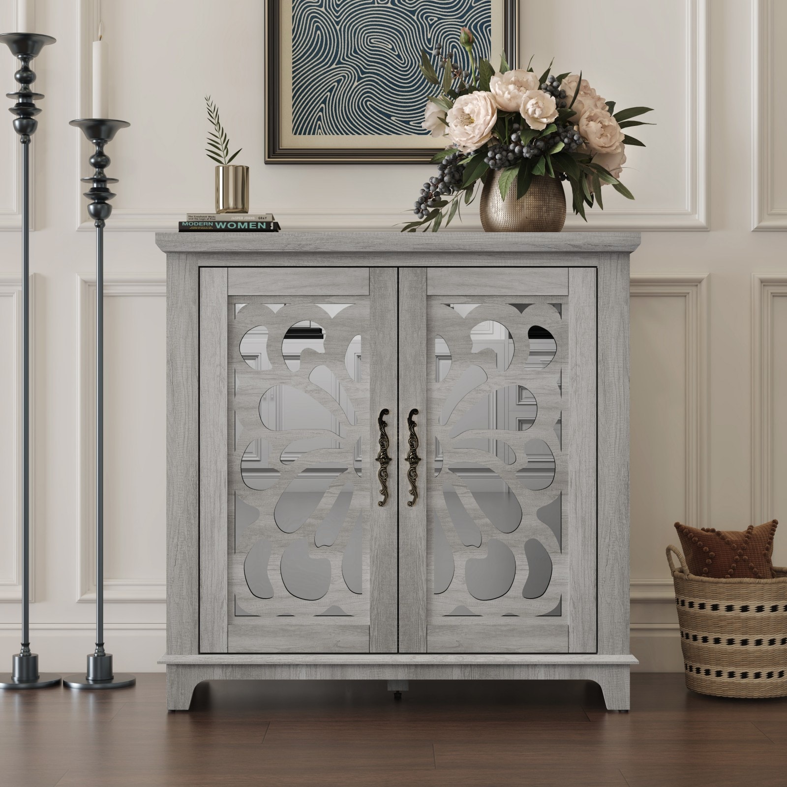 GlasFlength  Elegant Sideboard and Buffet with Storage 2 Acrylic Mirrored Doors Hollow Carved Accent Cabinet Brown Laminates and MDF Substrate Spacious Space with Adjustable Shelf