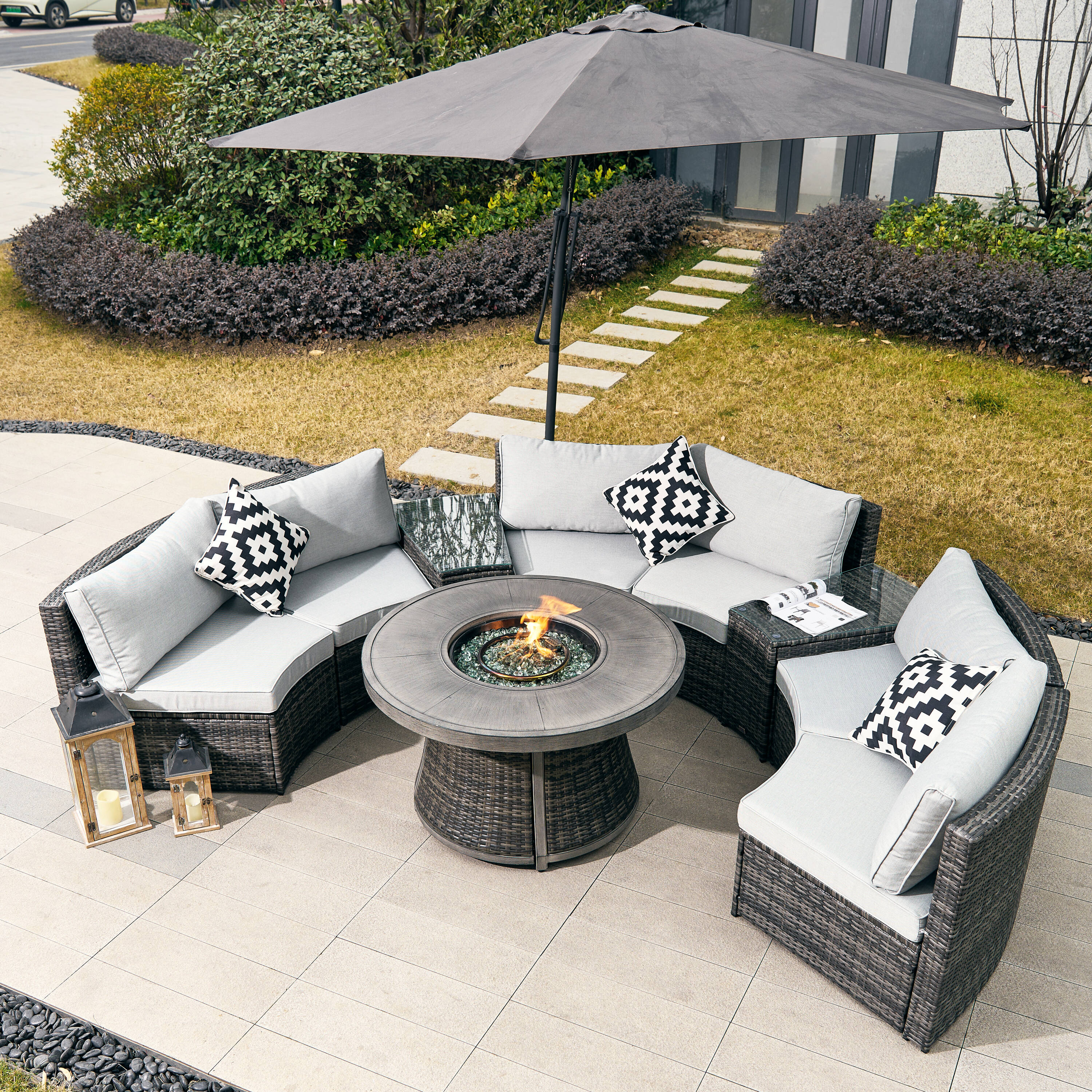Direct Wicker DWS-1205B6S2T&521EG 9 -Piece Wicker 4 Patio Sofa Conversation Set with Gray Cushions