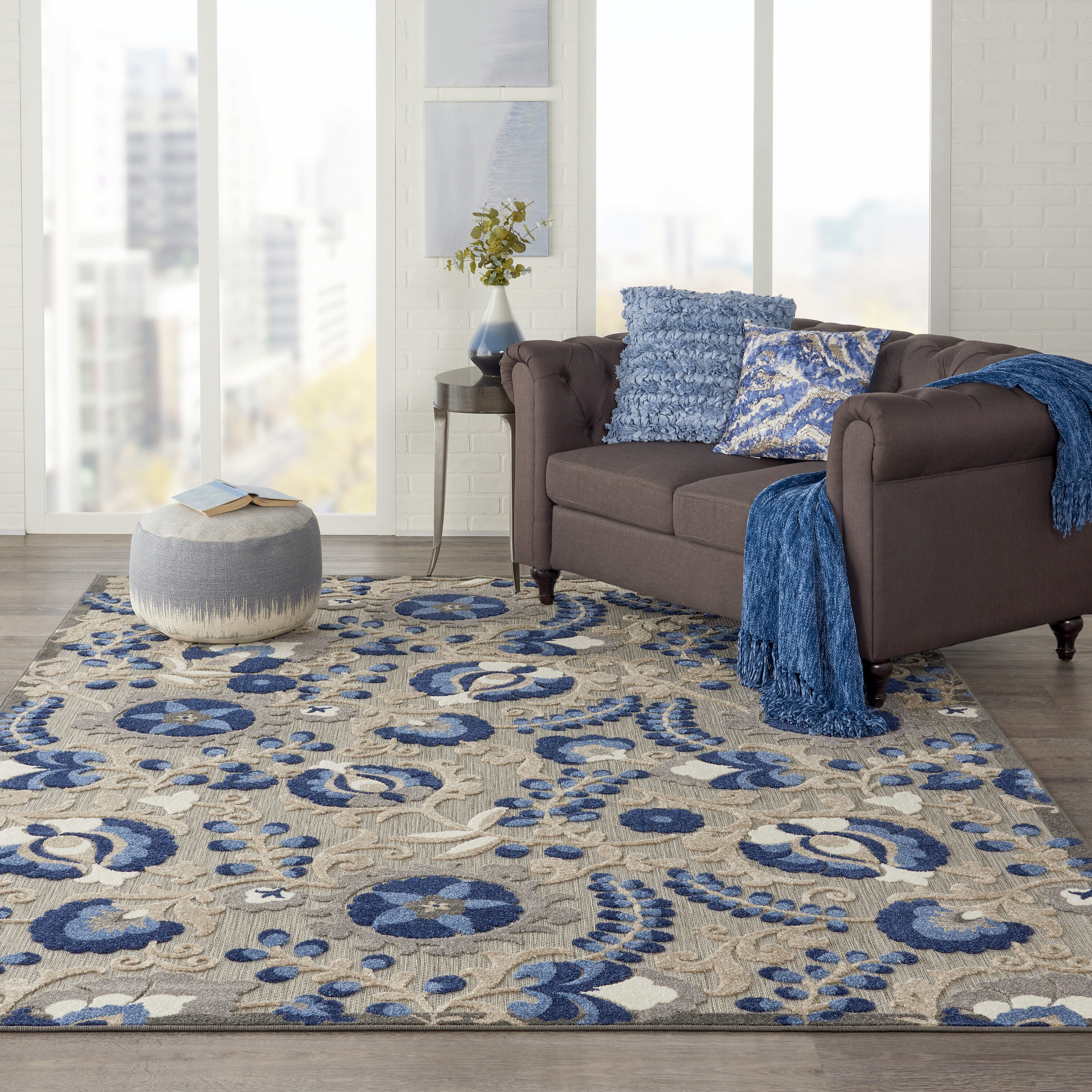 Nourison 99446739254 Aloha 7 x 10 (ft) Loomed Polypropylene Natural/blue Rectangular Indoor/Outdoor Abstract Area rug