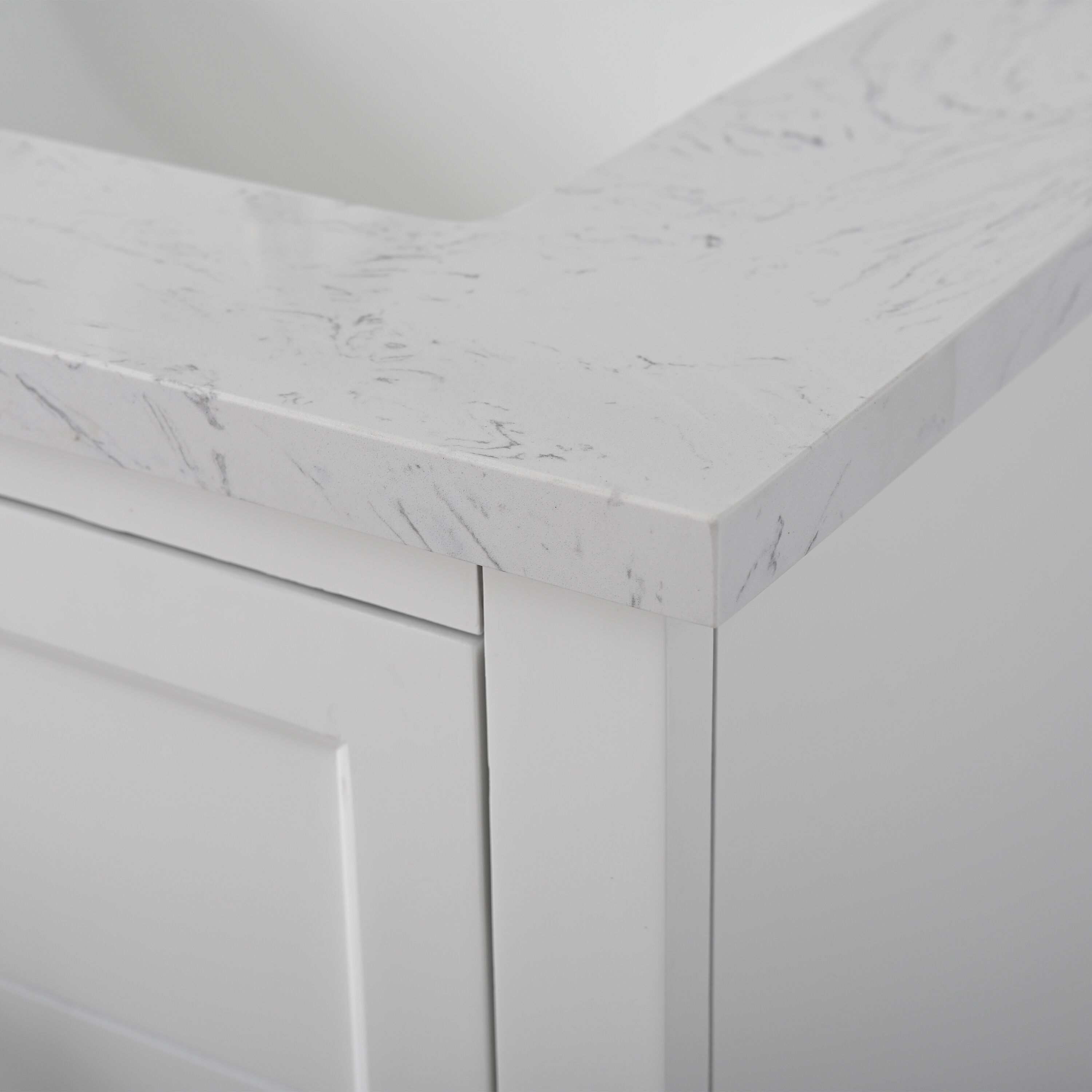 White Double Sink Bathroom Vanity with Quartz Top and Backsplash
