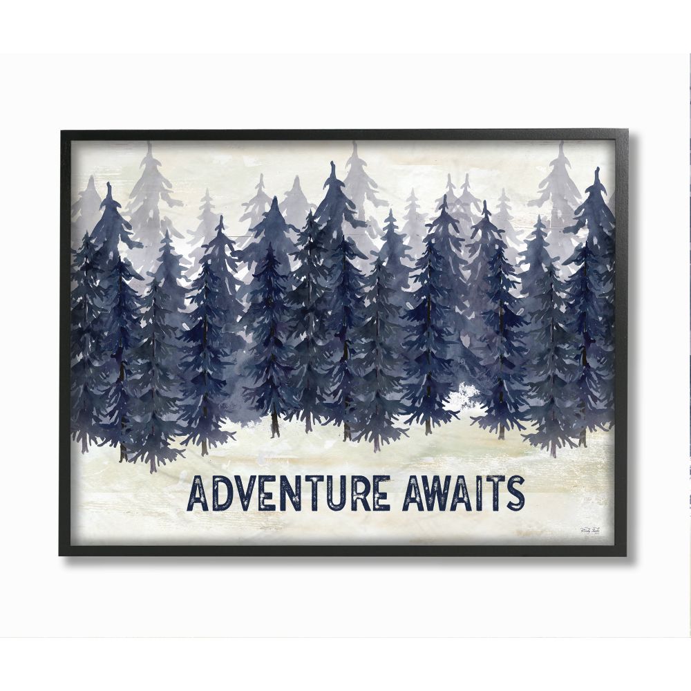Stupell Industries AB-143-FR-24X30 Adventure Awaits Quote Blue Pine Tree Forest Scene Cindy Jacobs Framed 30-in H x 24-in W Inspirational Print