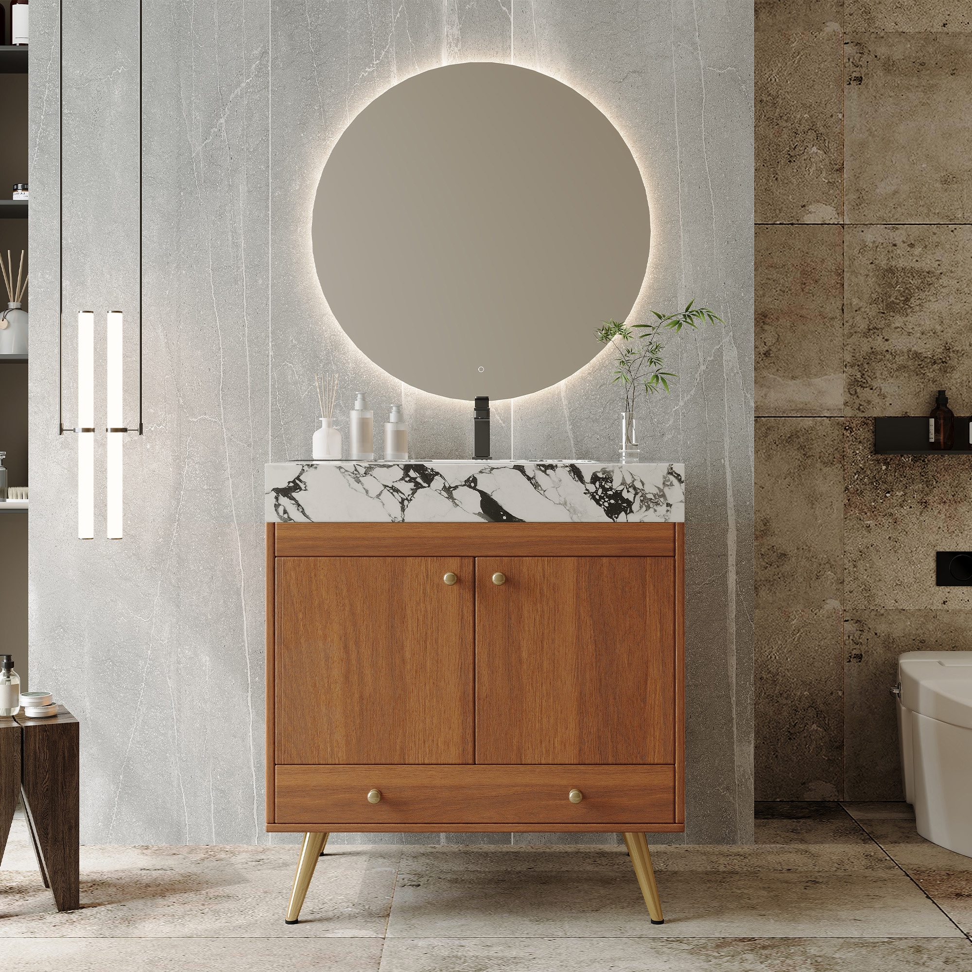 Wooakway 30-in Mid-Century Freestanding Bathroom Vanity with Faux Marble Top and Ceramic Sink Double Door Cabinet with Gold Legs