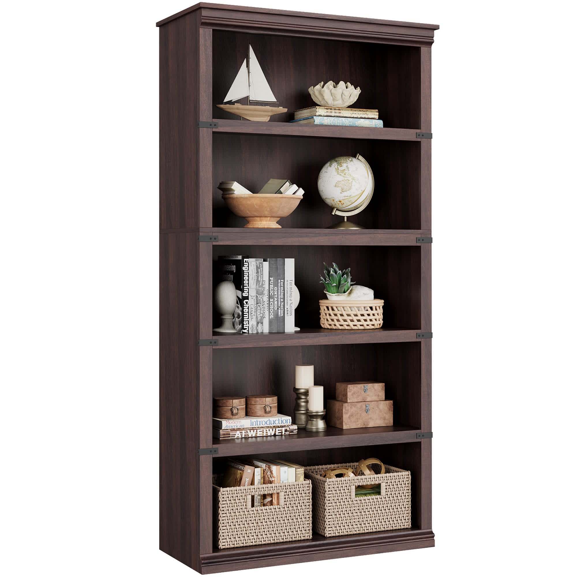 Qeetex PHO-0ZZPMTEO-KLN Brown 67.4 Inch Tall with 31.4 Inch Wide Farmhouse Wooden Bookcase with 5 Tier Storage Shelves for Living Room and Home Office