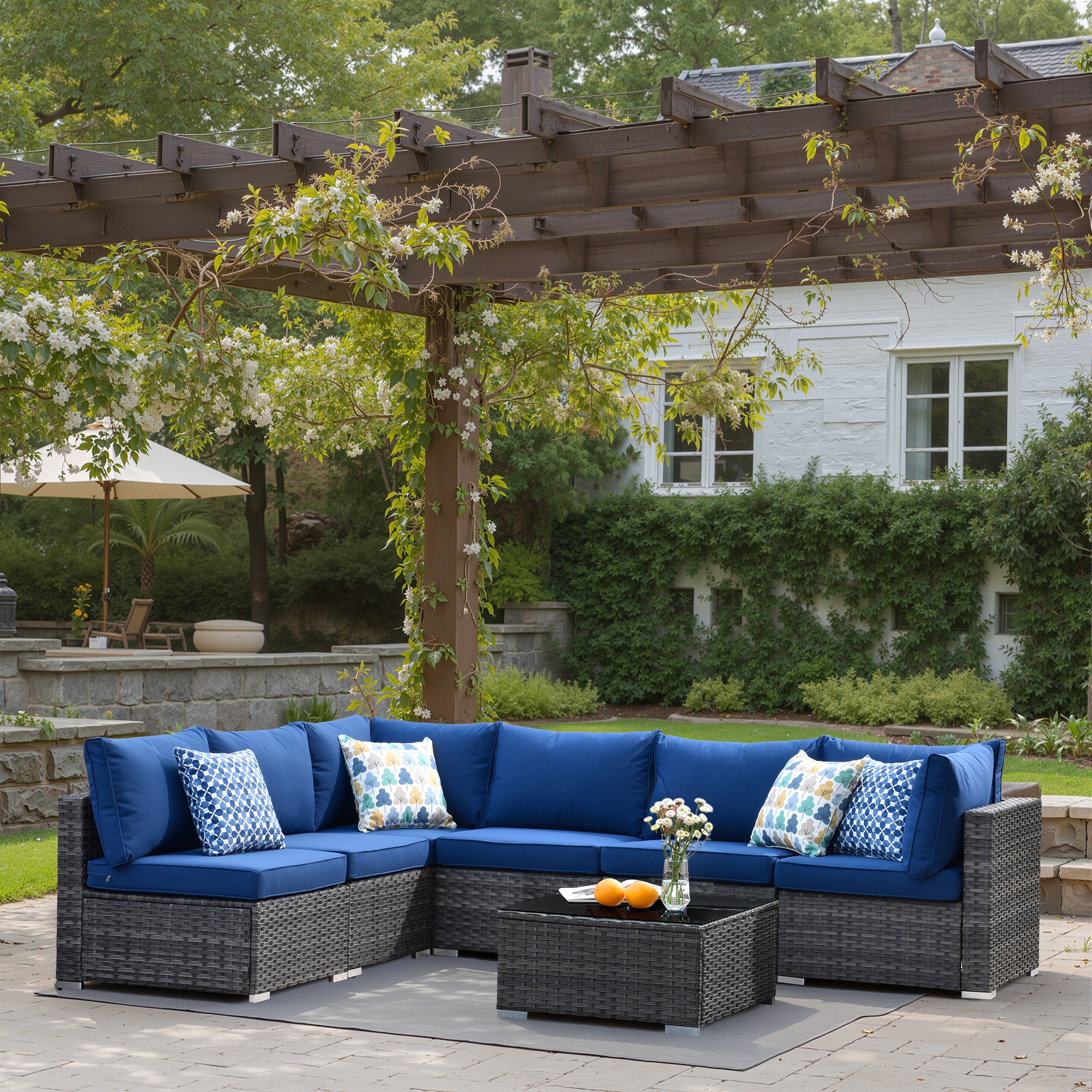 XIZZI RRS703 Sunrise 7 -Piece Rattan Patio Sofa Conversation Set with Blue Cushions