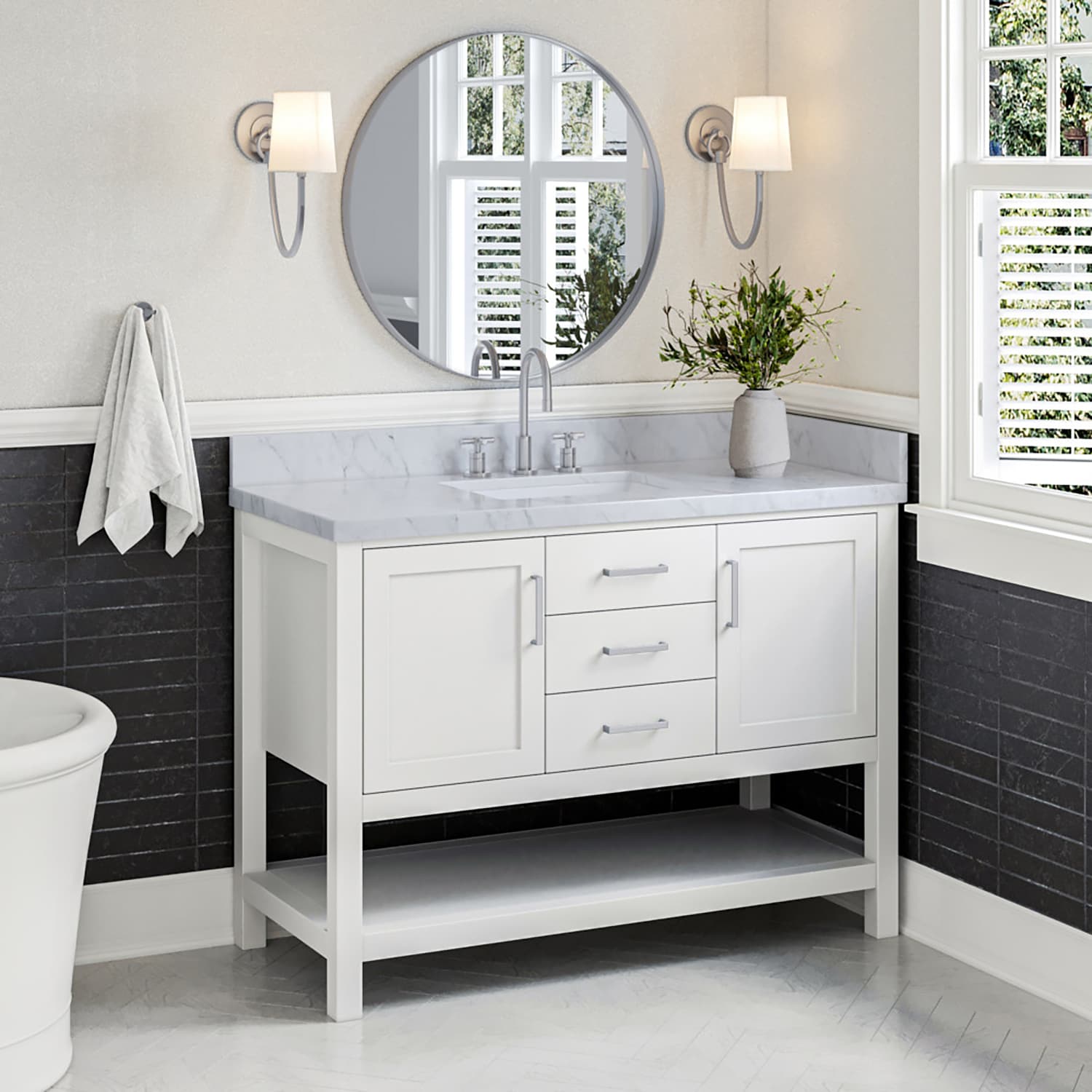 ARIEL R049SCWRVOWHT Bayhill 49-in White Undermount Single sink Bathroom Vanity with Carrara White Marble Marble Top