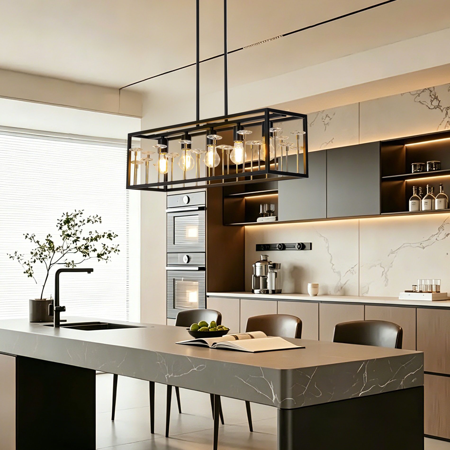 TALOYA 32-in Matte Black Industrial Farmhouse Rectangular Chandelier 5-Light E26 Clear Globe Glass Dimmable Adjustable Hanging Height for Dining Room Living Room Hallway