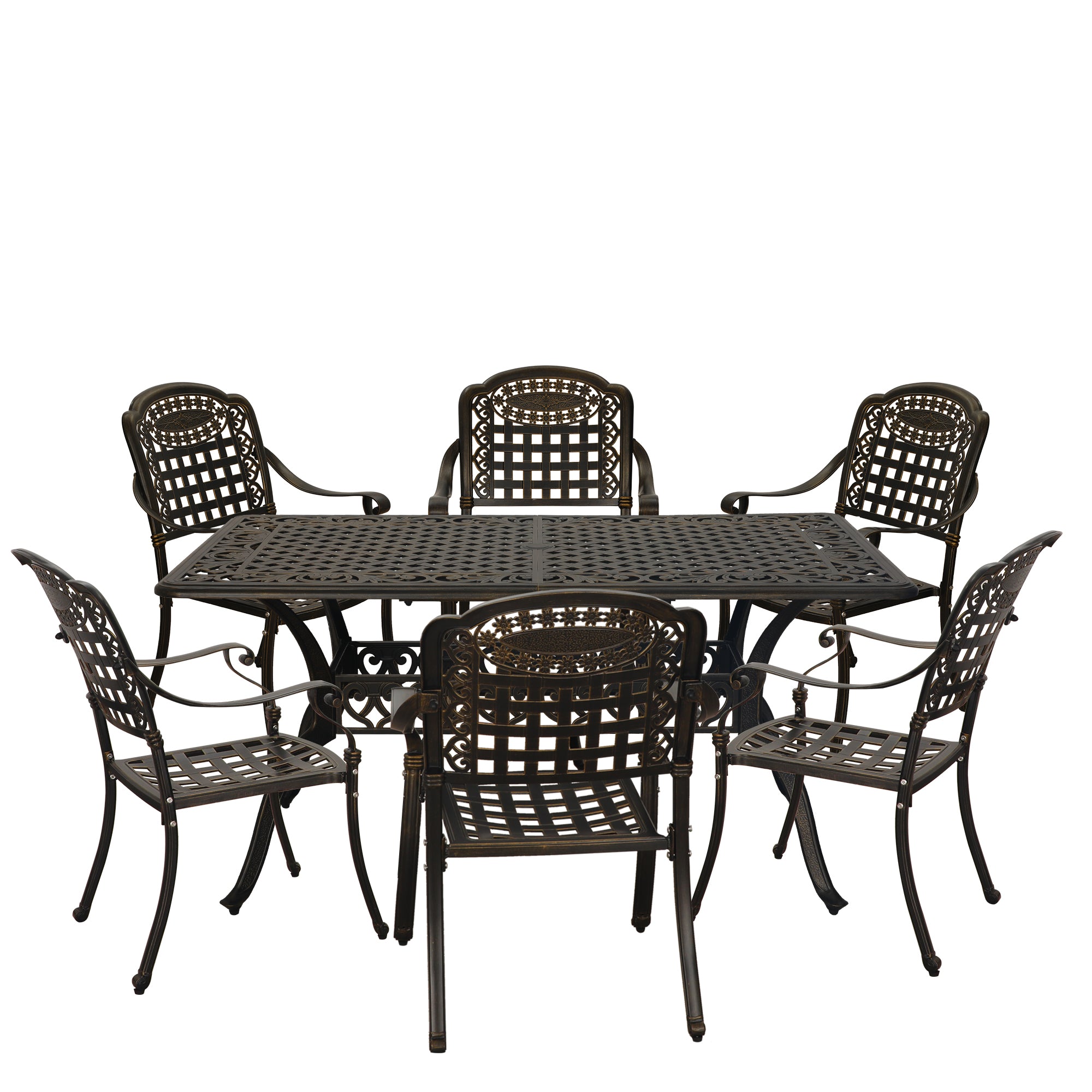 Boyel Living BL-XG150FEC-BR 7pcs Cast Aluminium Patio Dining Set Outdoor Dining Set Patio Bistro Set 6 Outdoor Dining Chairs and 59 Inches Rectangular Dining Table for Balcony Porch Backyard Garden