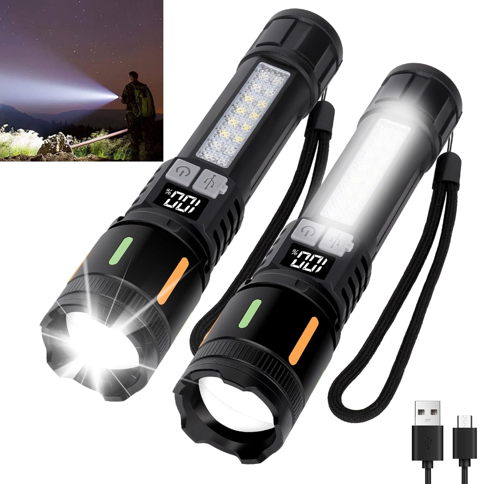 Lukvuzo 2 Pack High Lumens Rechargeable LED Flashlight USB C Fast Charging 5 Modes Power Display Zoomable IPX6 Waterproof for Camping Emergency #LLU0423O37